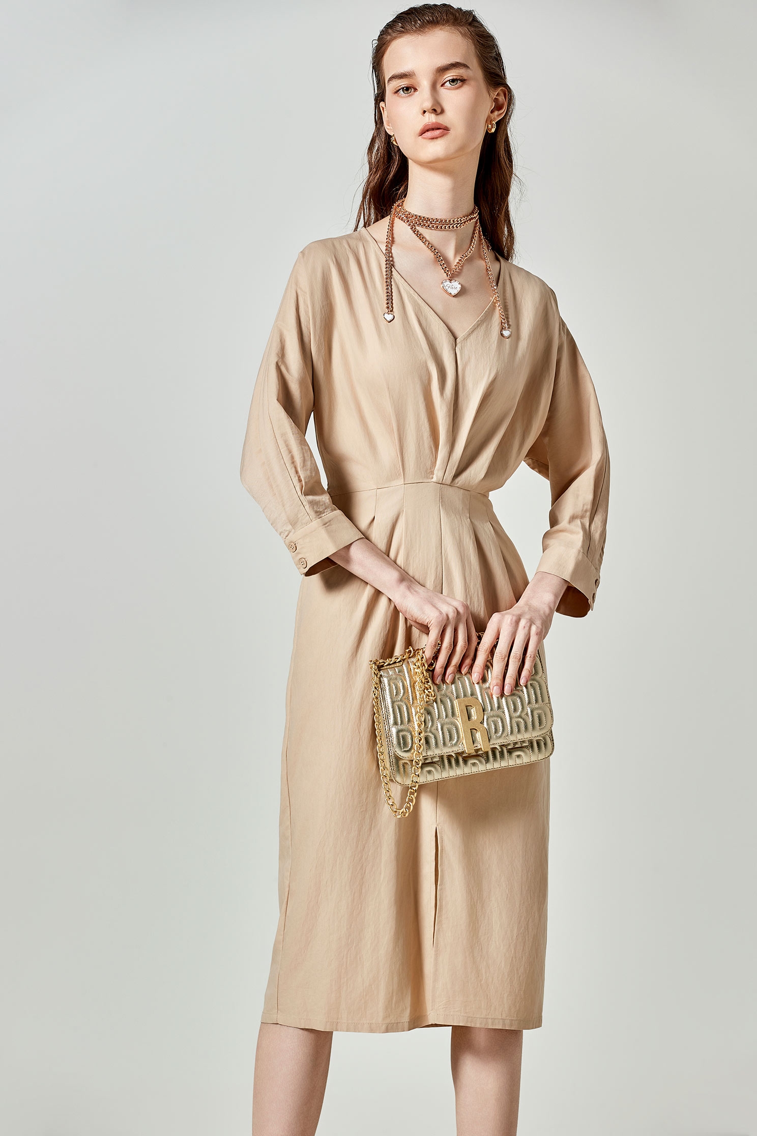 V-Neck Front Bow Khaki Dress