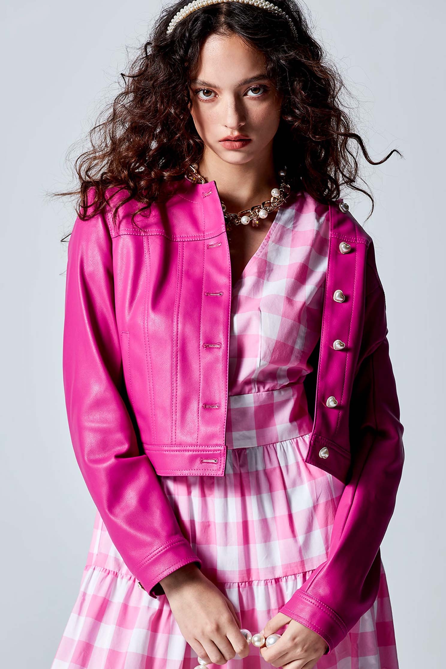 Pink PU Crop JacketPink PU Crop Jacket,Outerwear,pearl,Lether jackets,Leather,Season (AW) Look