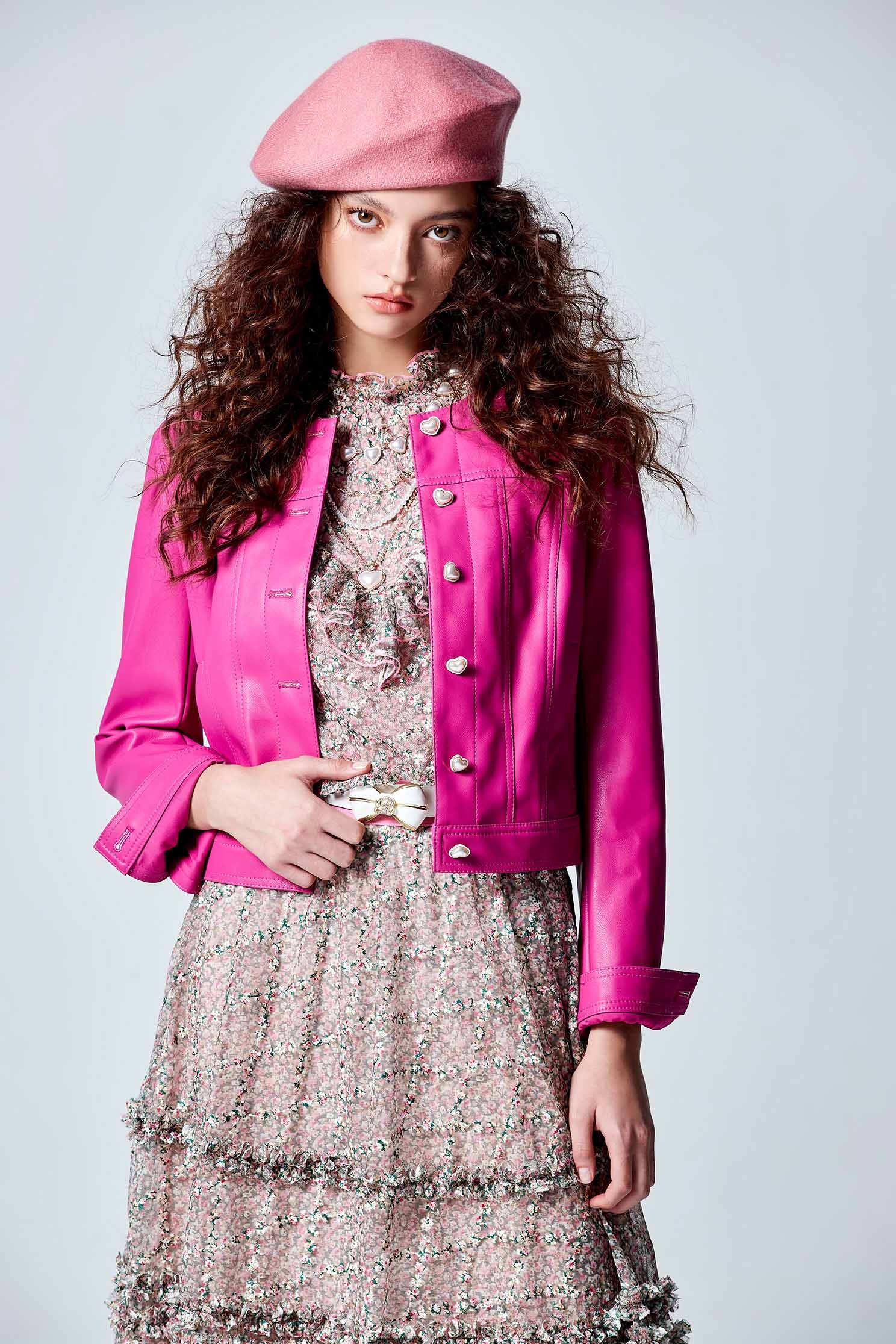 Pink PU Crop JacketPink PU Crop Jacket,Outerwear,pearl,Lether jackets,Leather,Season (AW) Look