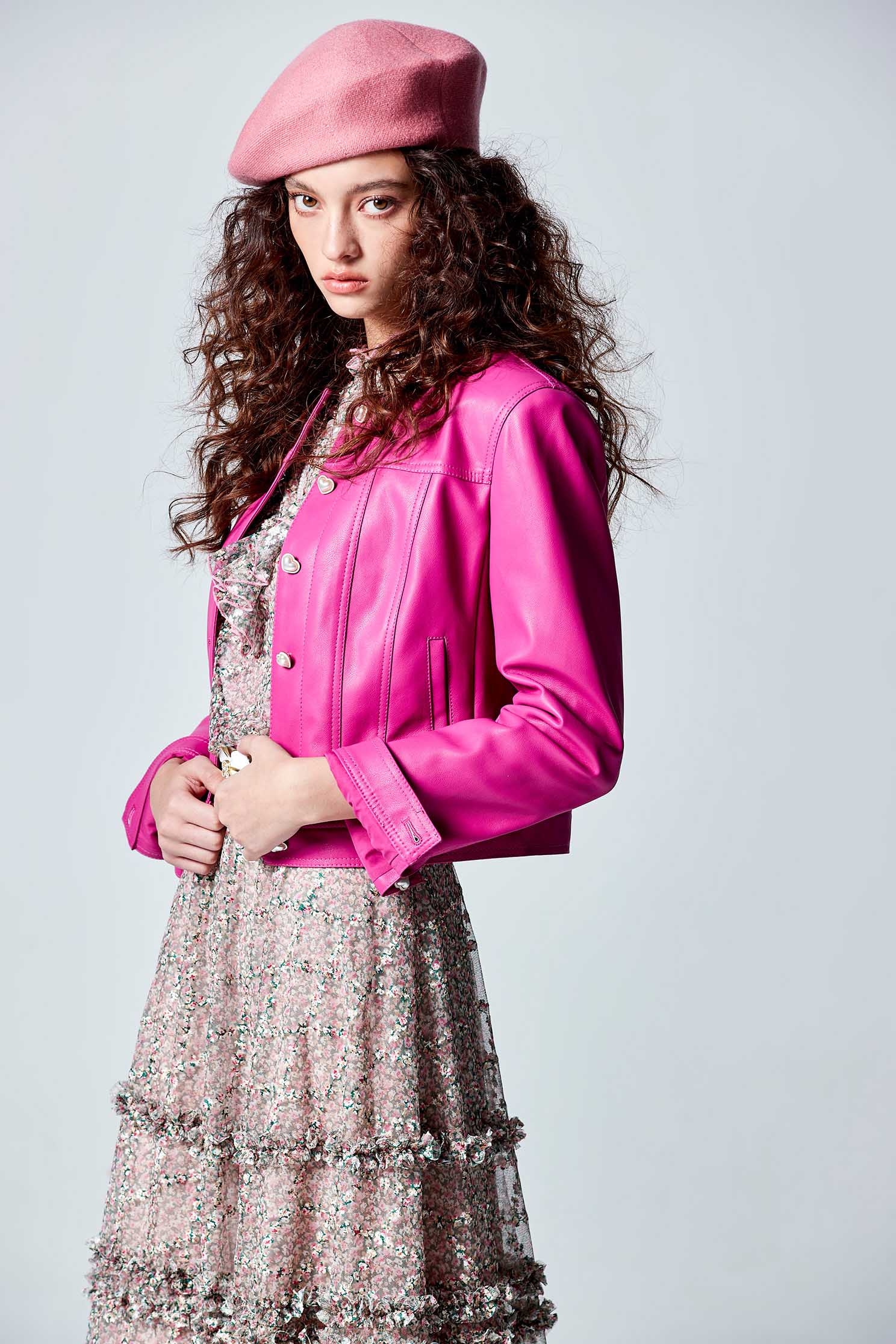 Pink PU Crop JacketPink PU Crop Jacket,Outerwear,pearl,Lether jackets,Leather,Season (AW) Look