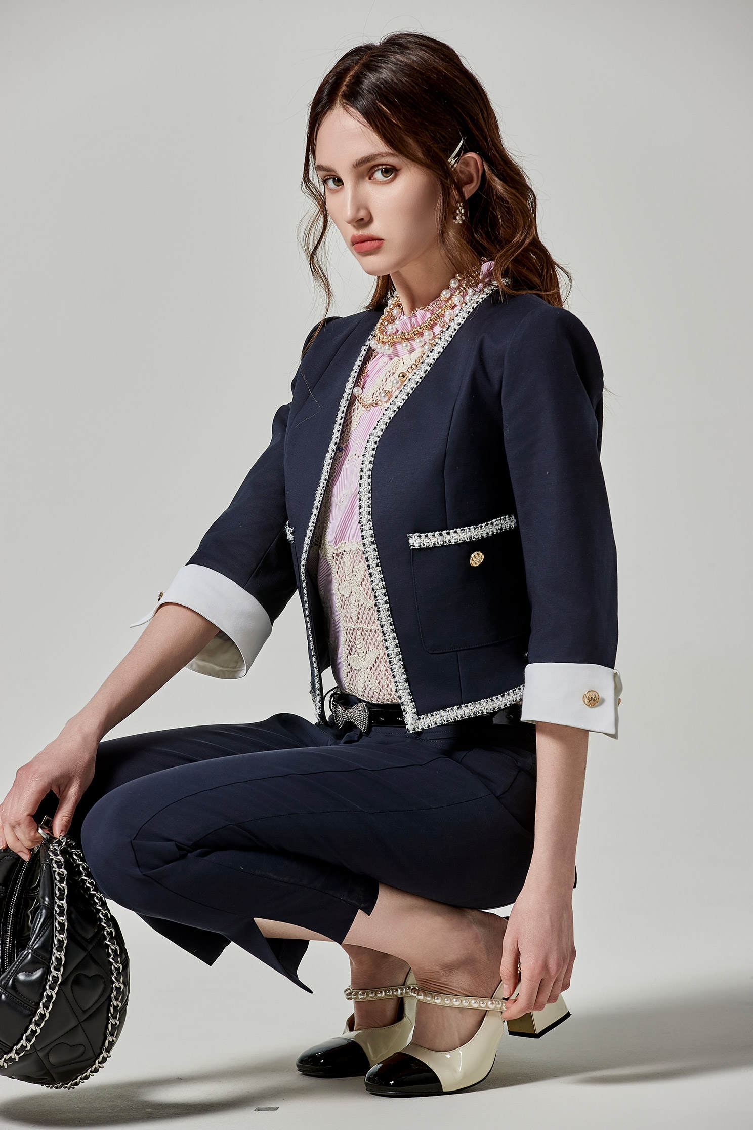 Navy Crop Jacket With Contrast White Trim DetailNavy Crop Jacket With Contrast White Trim Detail,Jackets,Outerwear,Season (SS) Look