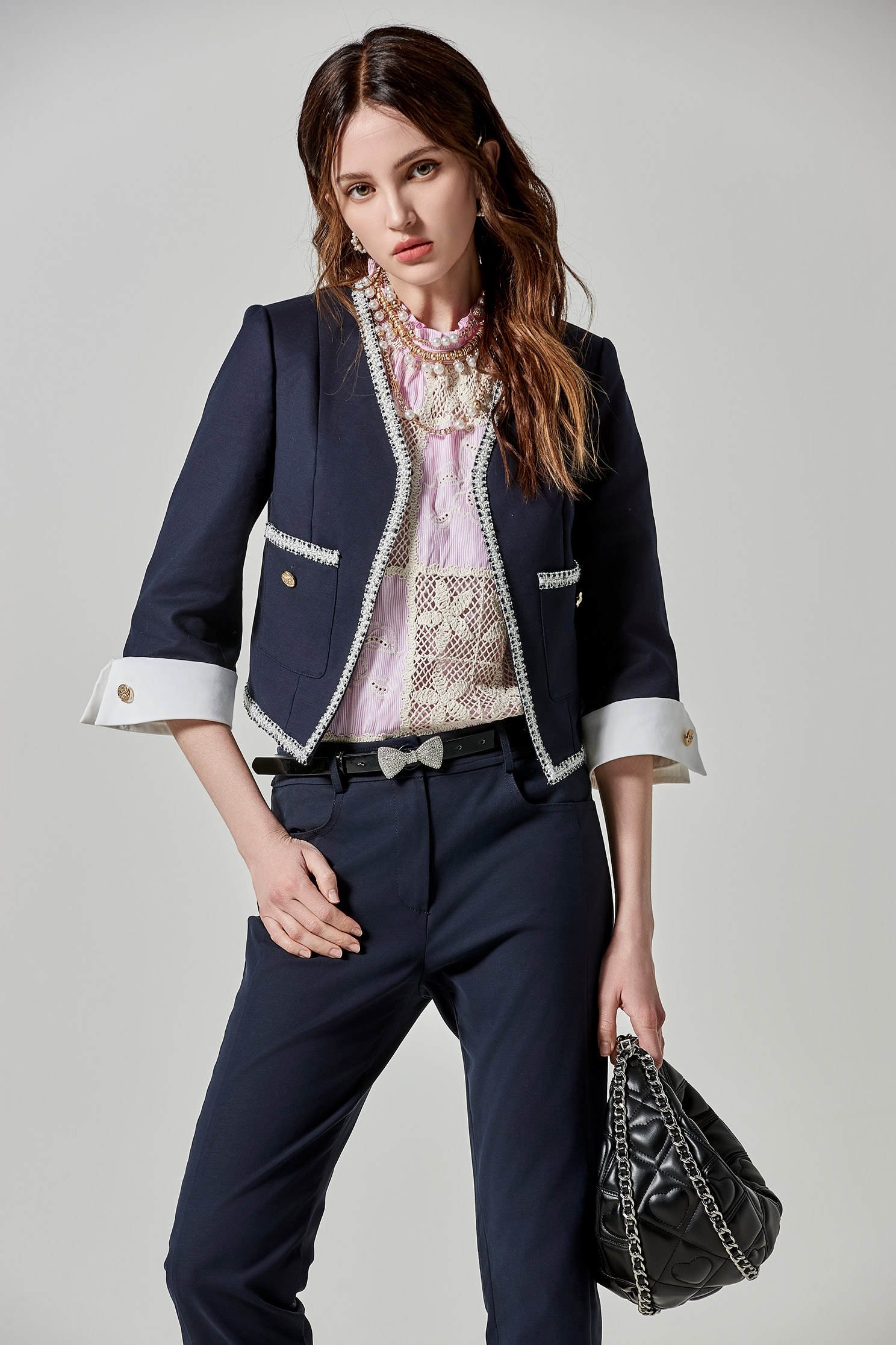 Navy Crop Jacket With Contrast White Trim DetailNavy Crop Jacket With Contrast White Trim Detail,Jackets,Outerwear,Season (SS) Look