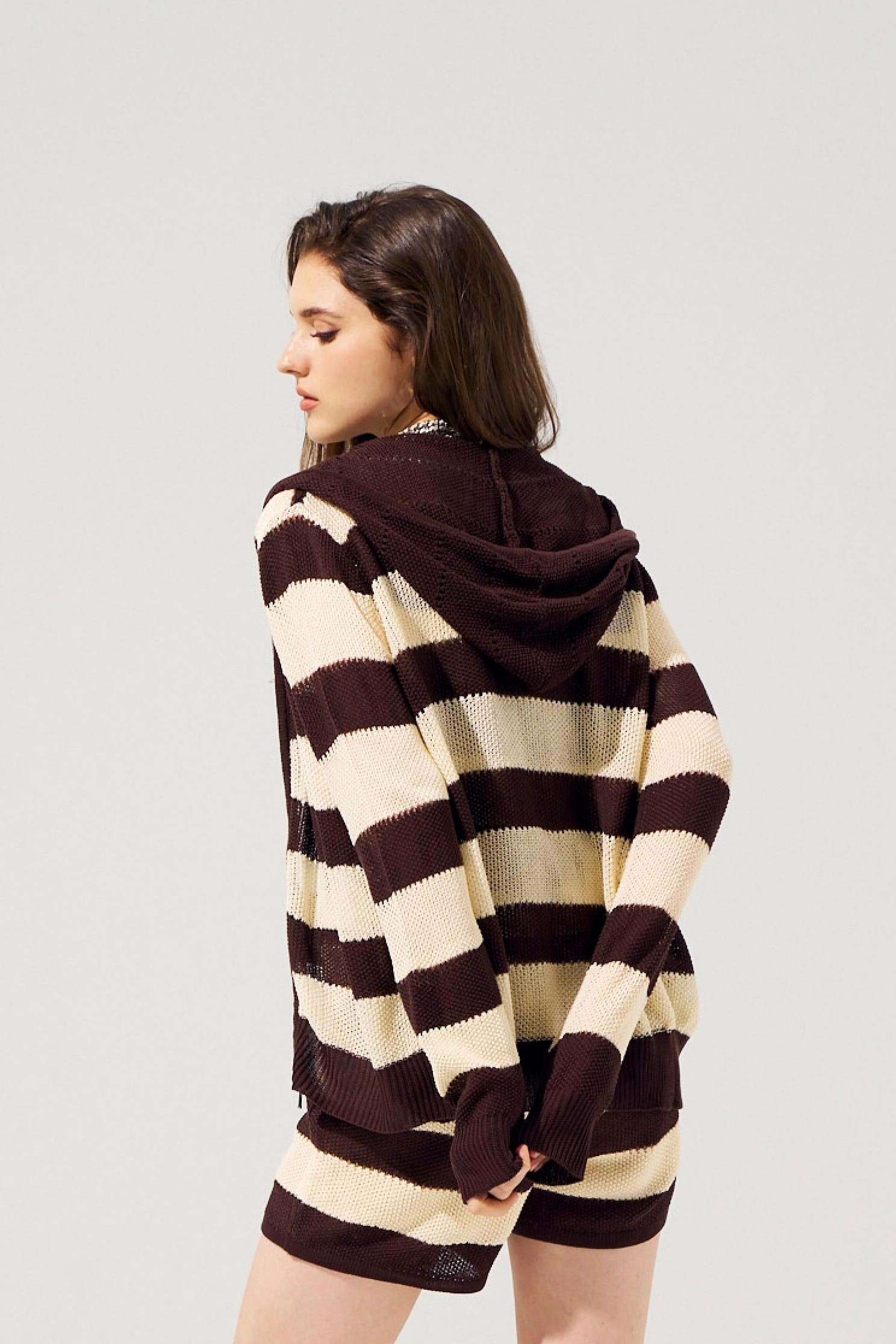 Coffee Brown Stripe Knit CardiganCoffee Brown Stripe Knit Cardigan,Outerwear,Season (SS) Look,Stripe,Hoodie jackets,Knitted,Knitted coats