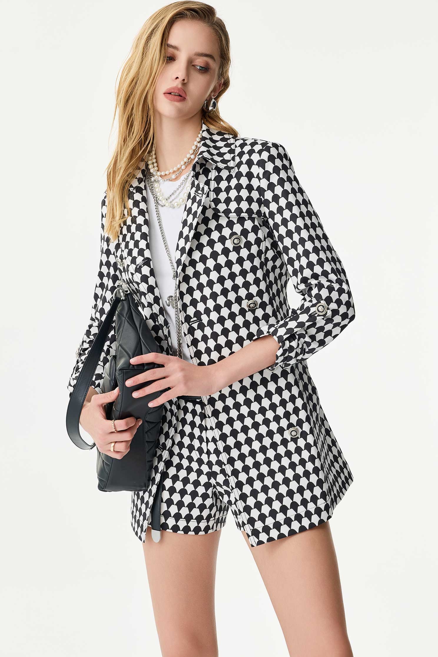 Black Geomatric Print Trench CoatBlack Geomatric Print Trench Coat,Jackets,Outerwear,Season (SS) Look,Trench coats