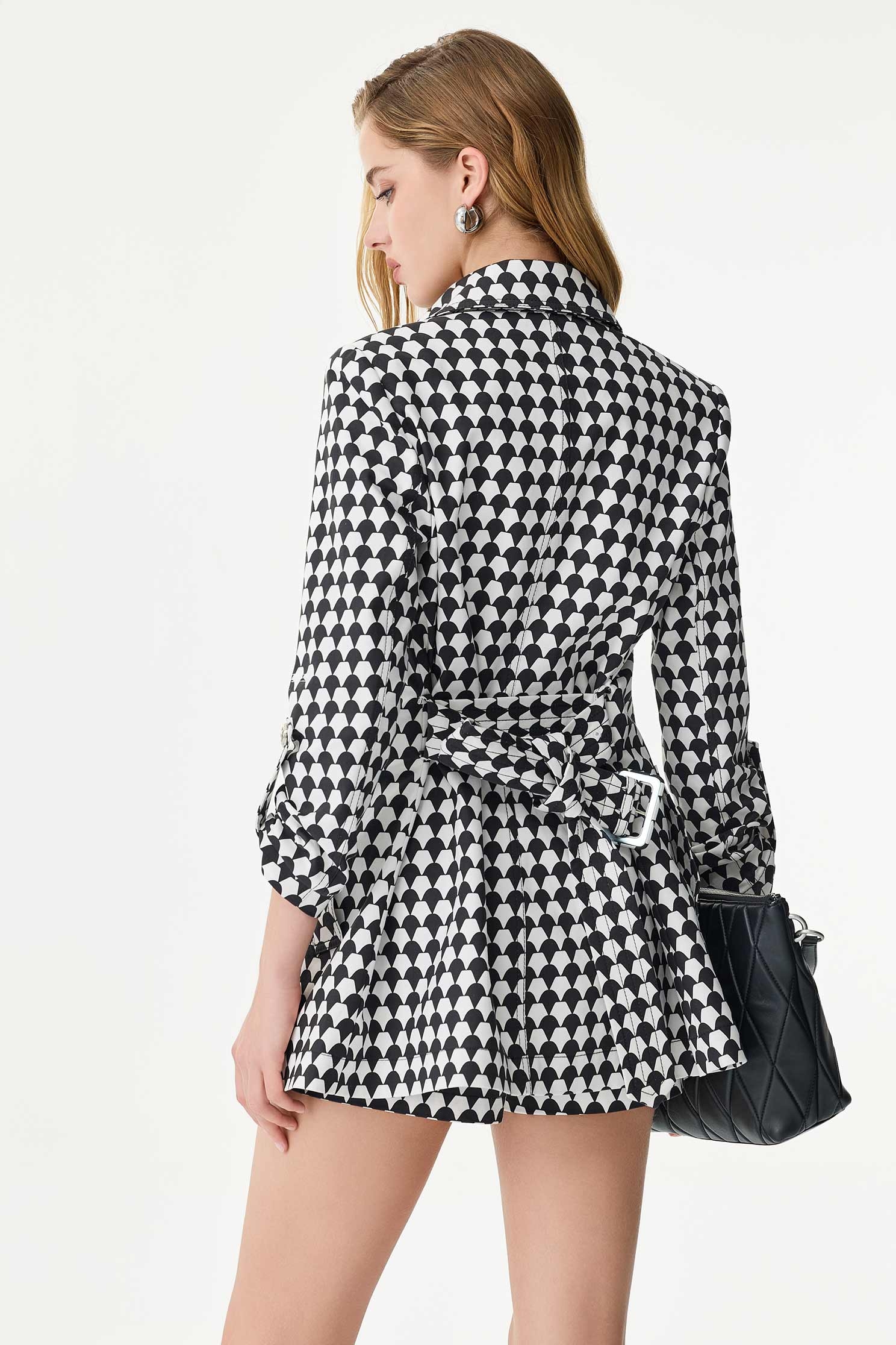 Black Geomatric Print Trench CoatBlack Geomatric Print Trench Coat,Jackets,Outerwear,Season (SS) Look,Trench coats