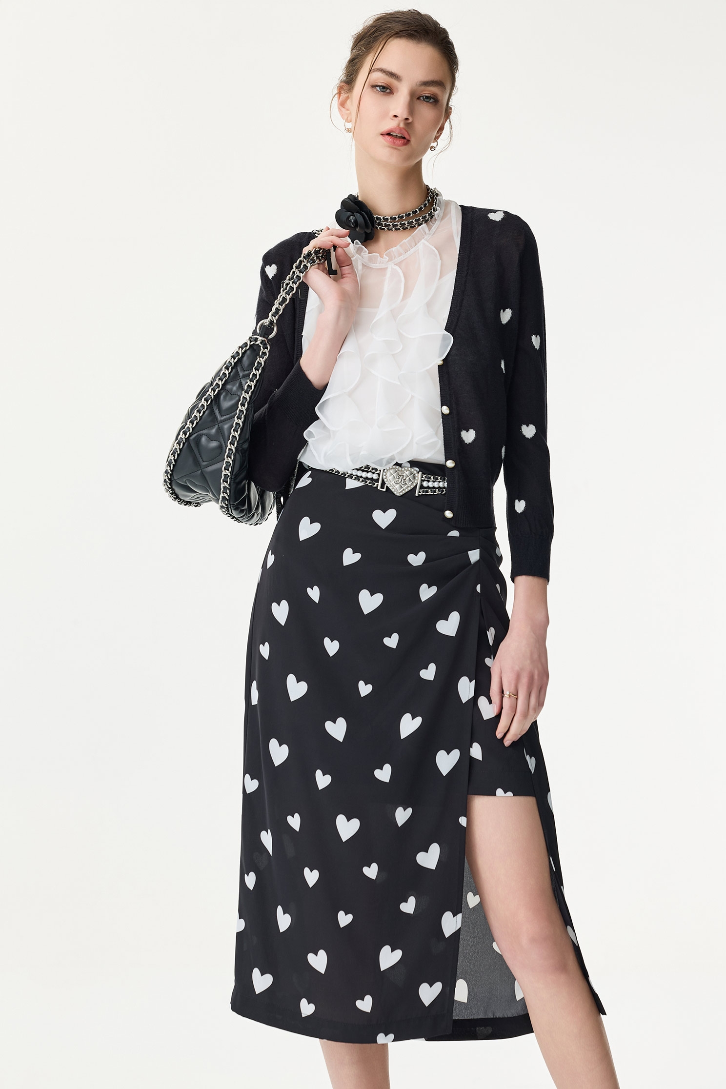 Heart Print V-neck CardiganHeart Print V-neck Cardigan,Jackets,Outerwear,Season (SS) Look,pearl,Knitted,Knitted coats,Black outerwear