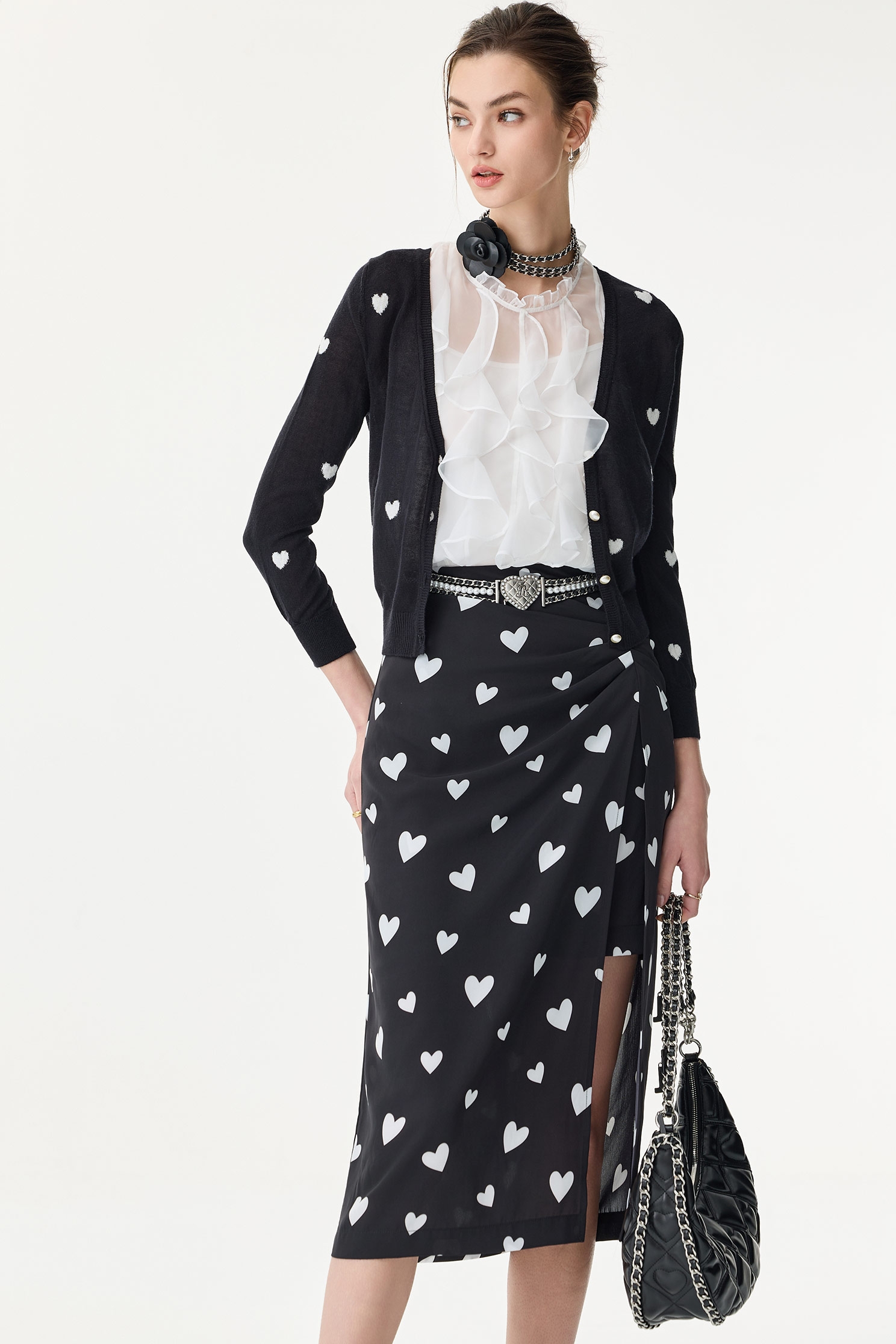 Heart Print V-neck CardiganHeart Print V-neck Cardigan,Jackets,Outerwear,Season (SS) Look,pearl,Knitted,Knitted coats,Black outerwear