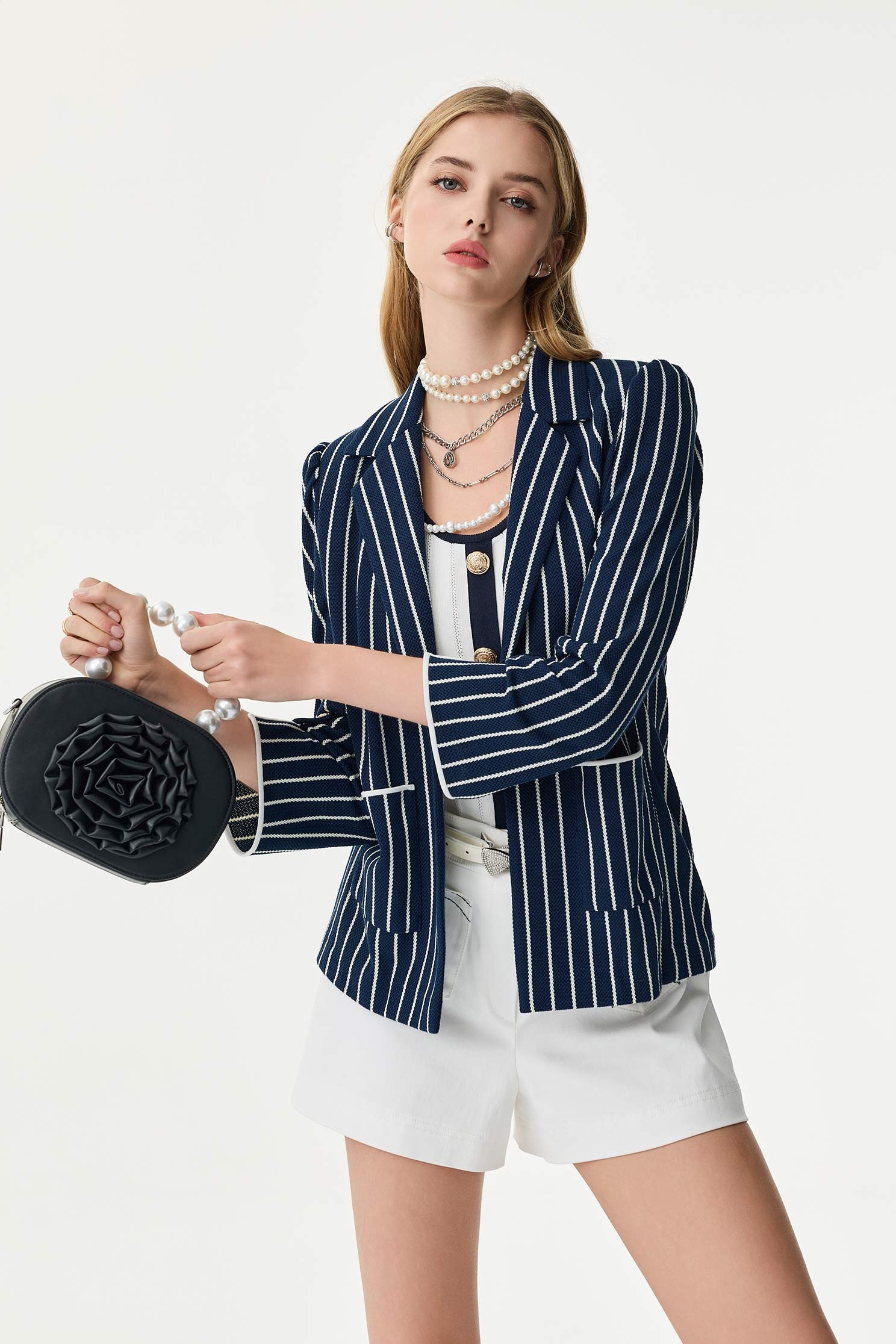 Pinstripe Navy BlazerPinstripe Navy Blazer,Office Looks,Outerwear,Season (SS) Look,co-ord sets,Stripe,Blazers