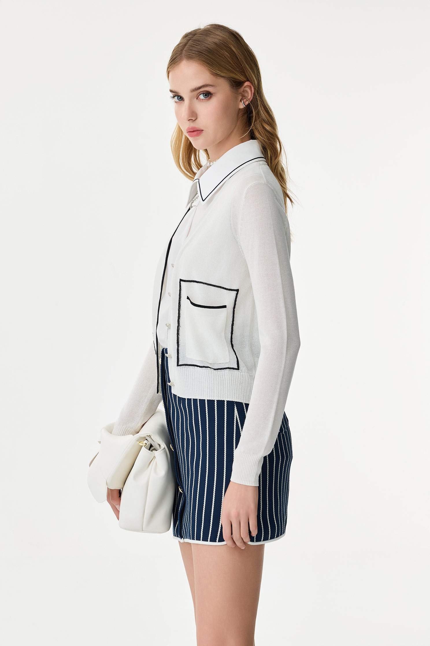 Contrast Navy Trim Knit CardiganContrast Navy Trim Knit Cardigan,Office Looks,Outerwear,Season (SS) Look,White outerwear,Valentine,Knitted,Knitted coats