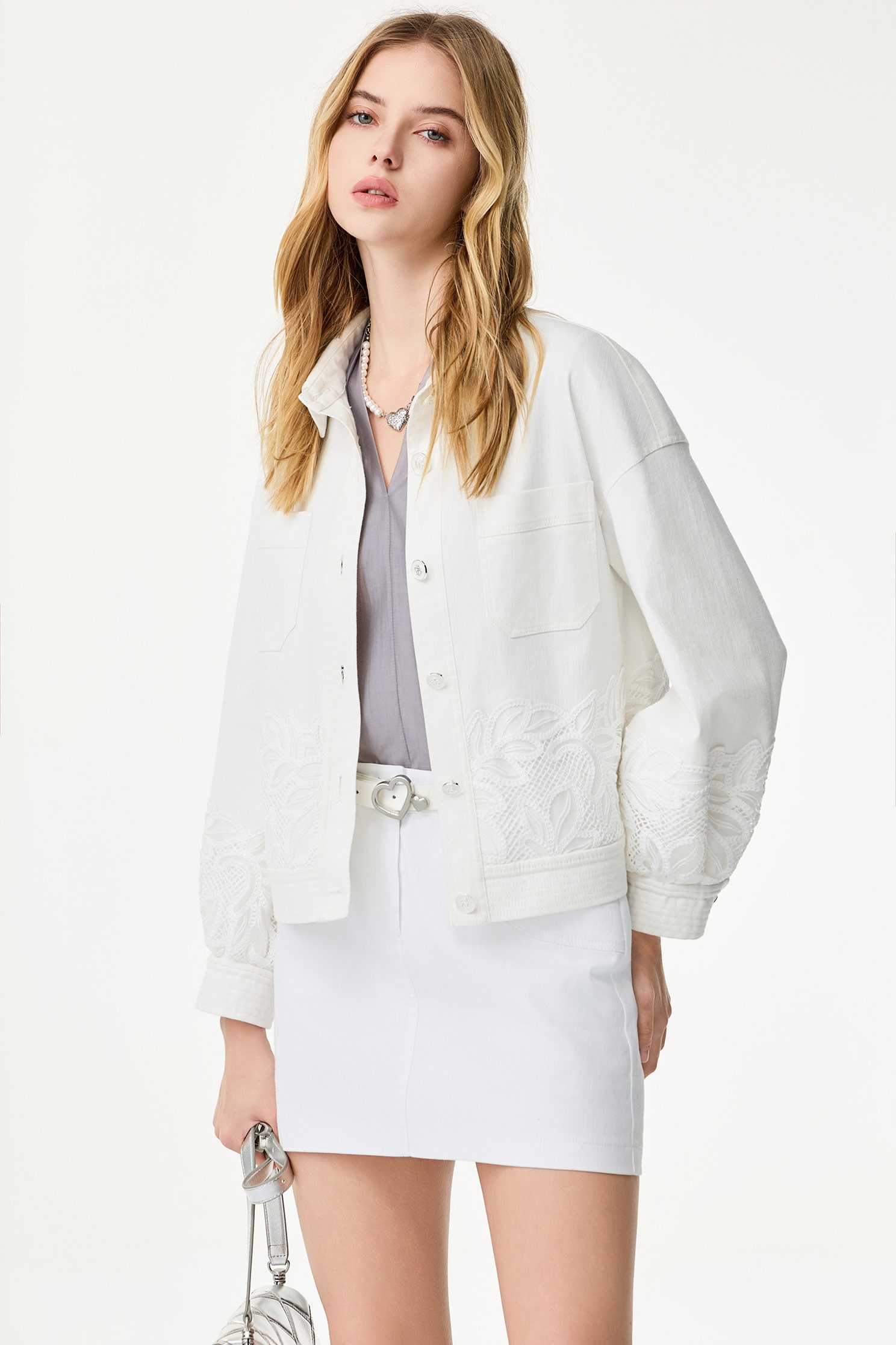 Lace Embroidery Denim JacketLace Embroidery Denim Jacket,Jackets,Outerwear,Season (SS) Look,co-ord sets,Denim,Denim Jackets,White outerwear,Lace