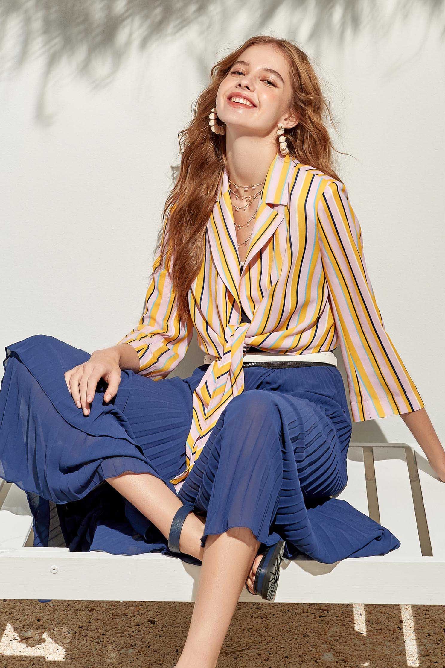 Summer Stripe Print Front Tie Knot Crop OuterwearColorful straight striped casual strappy coat,Jackets,Outerwear,Season (SS) Look,Stripe,Trends,Blazers