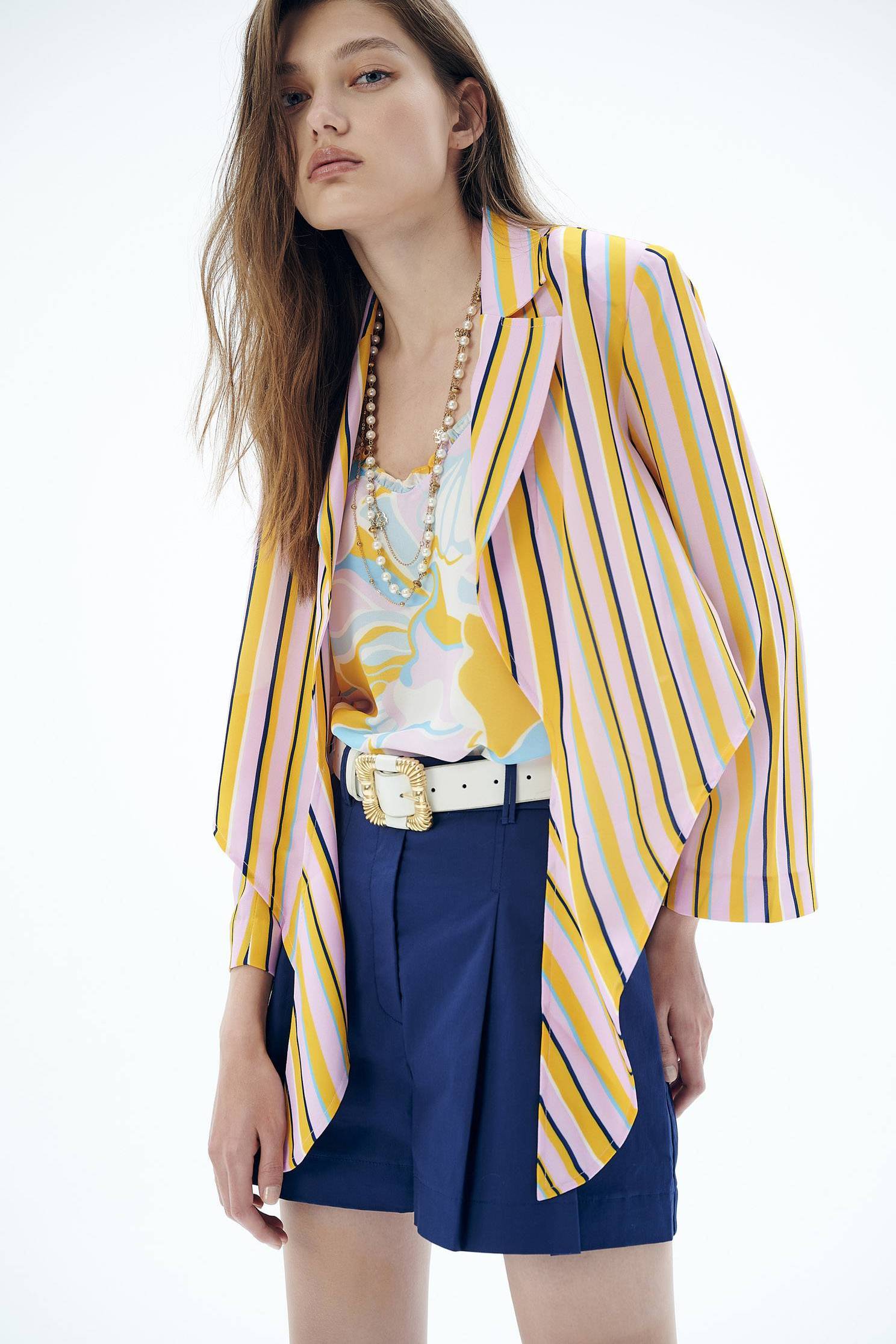 Summer Stripe Print Front Tie Knot Crop OuterwearColorful straight striped casual strappy coat,Jackets,Outerwear,Season (SS) Look,Stripe,Trends,Blazers