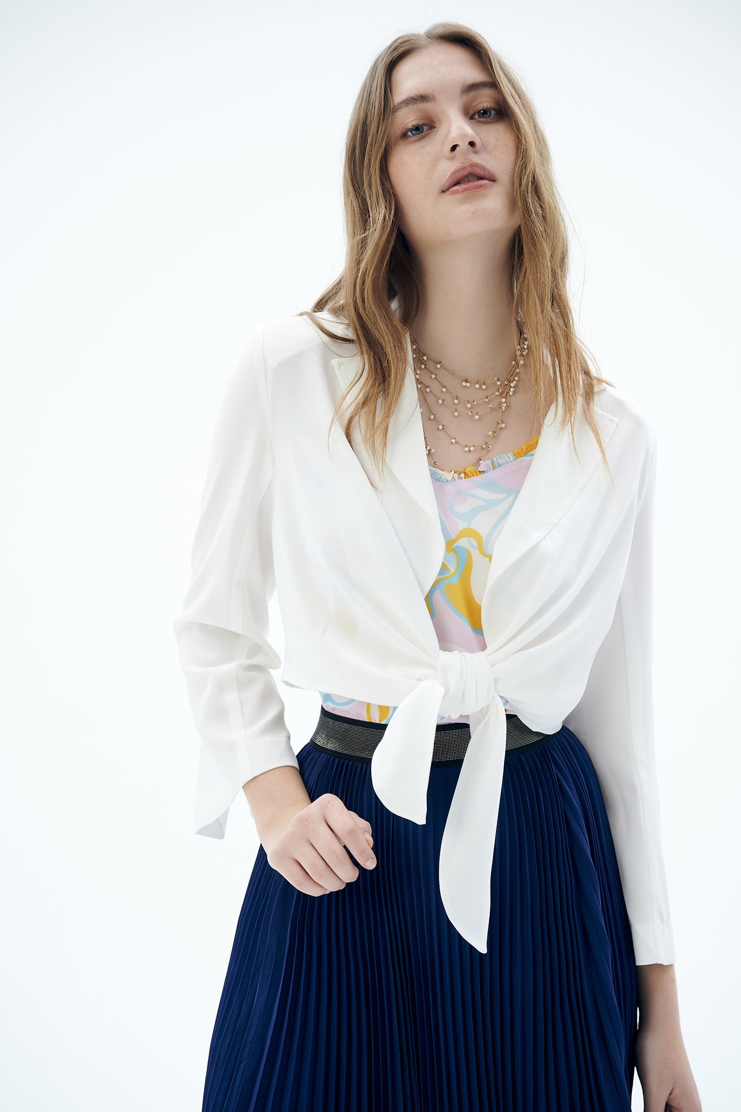 Front Tie Knot Crop OuterwearWhite blazer with bow,Jackets,Outerwear,Season (SS) Look,healing colors,iROO LIVE,Blazers