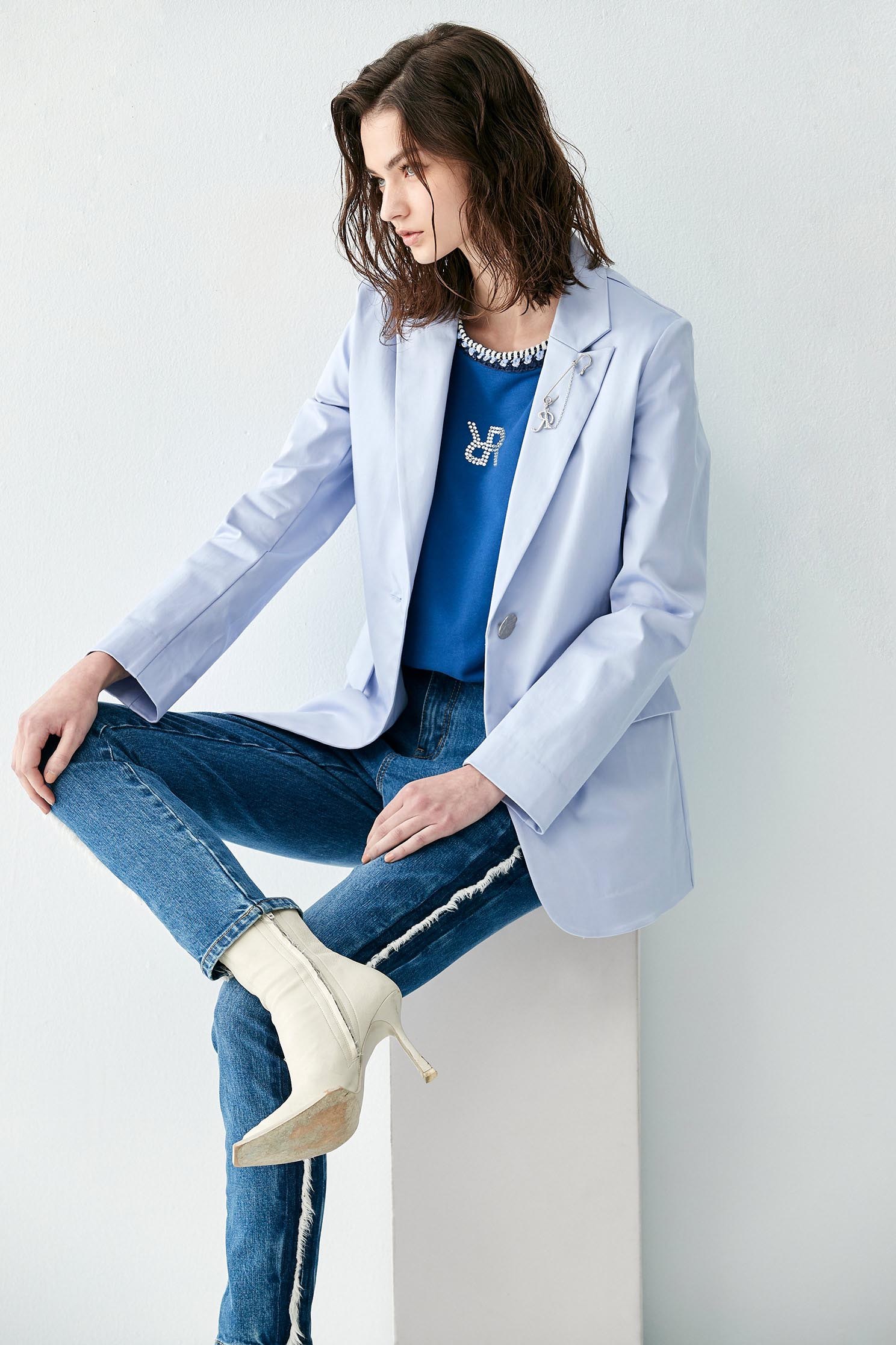 Light Blue Mid-Length BlazerCloud purple classic blazer,Outerwear,Season (SS) Look,Blazers