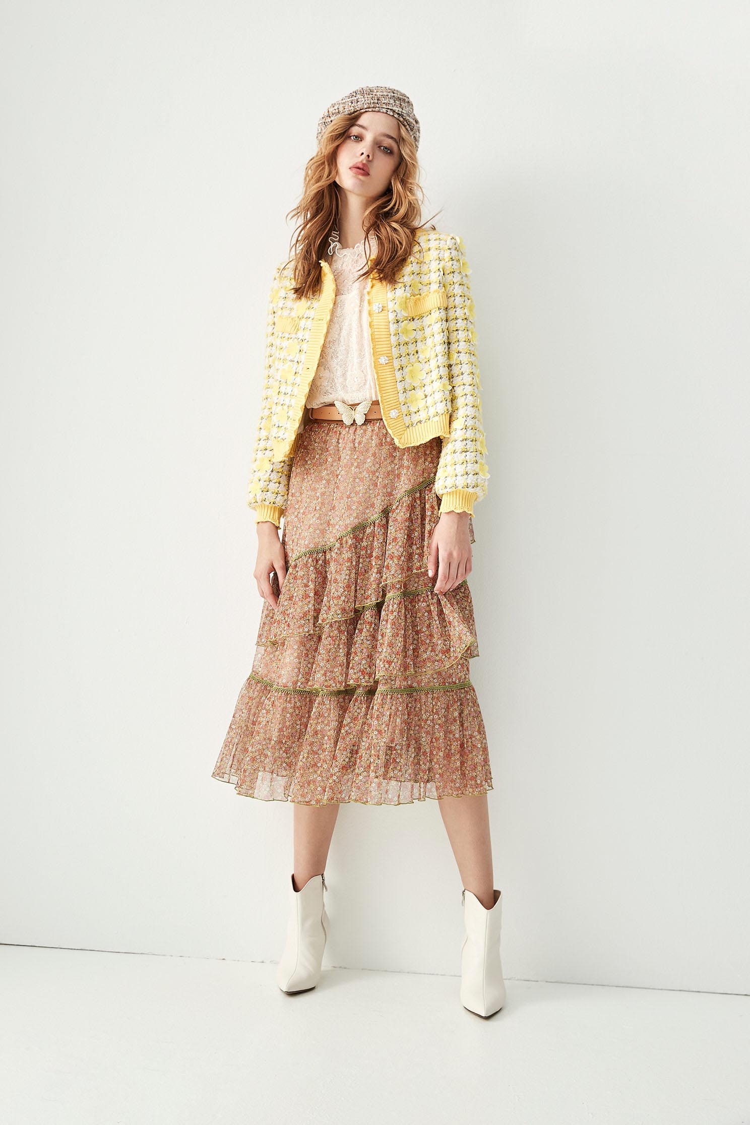 Button Front Tweed Jacket With Floral DetailButton Front Tweed Jacket With Floral Detail,Jackets,Outerwear,Plaid,pearl,Season (AW) Look