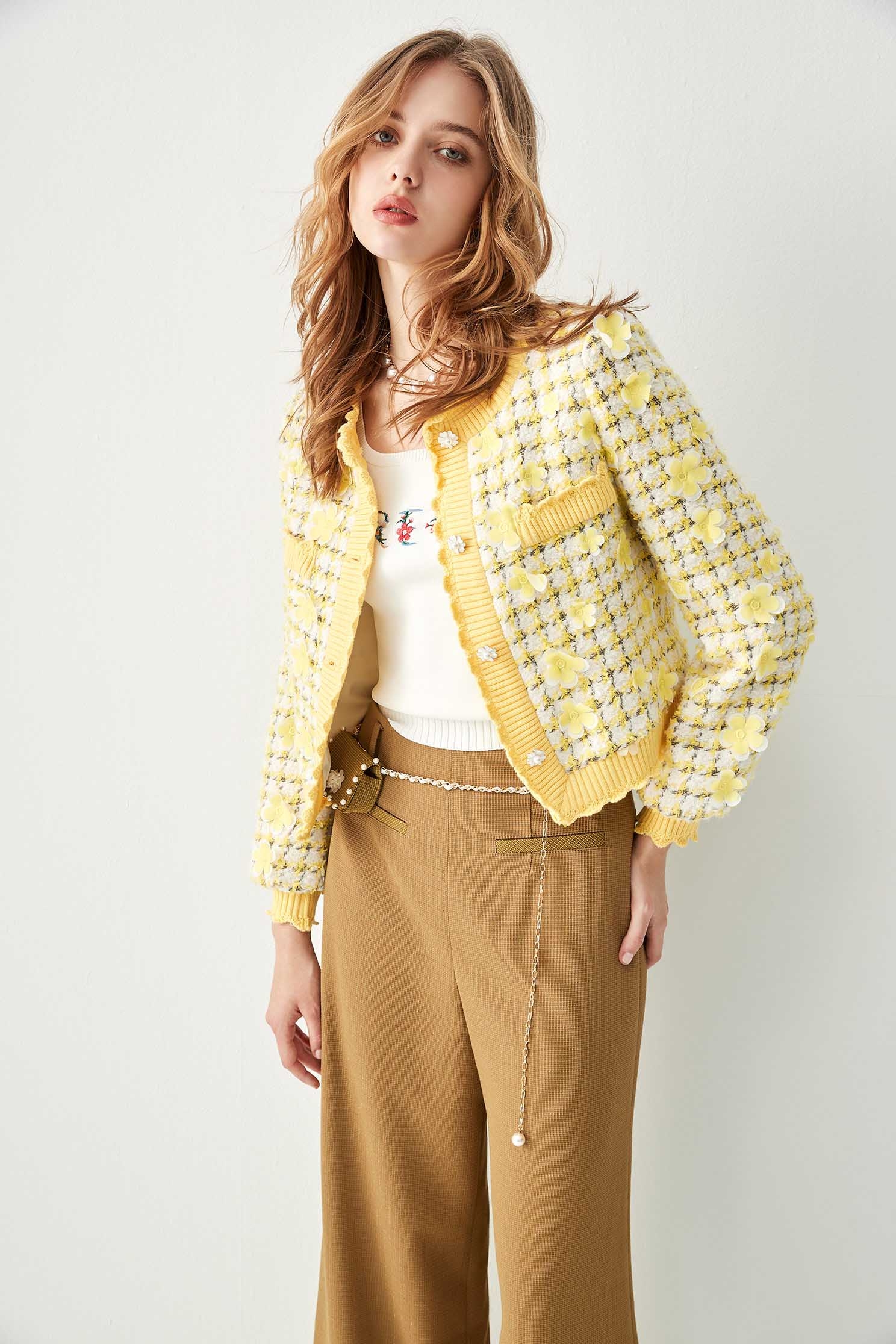 Button Front Tweed Jacket With Floral DetailButton Front Tweed Jacket With Floral Detail,Jackets,Outerwear,Plaid,pearl,Season (AW) Look