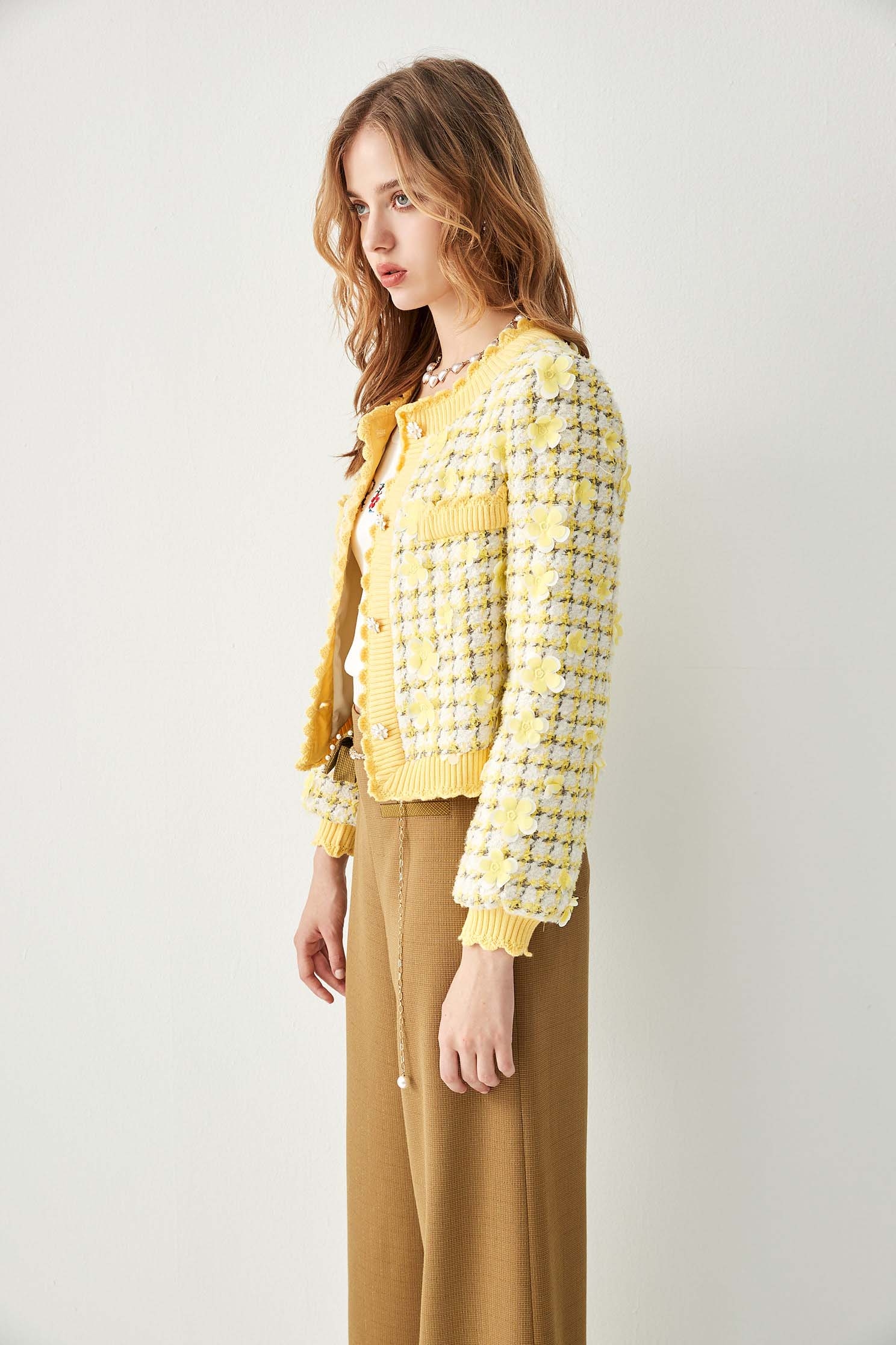 Button Front Tweed Jacket With Floral DetailButton Front Tweed Jacket With Floral Detail,Jackets,Outerwear,Plaid,pearl,Season (AW) Look