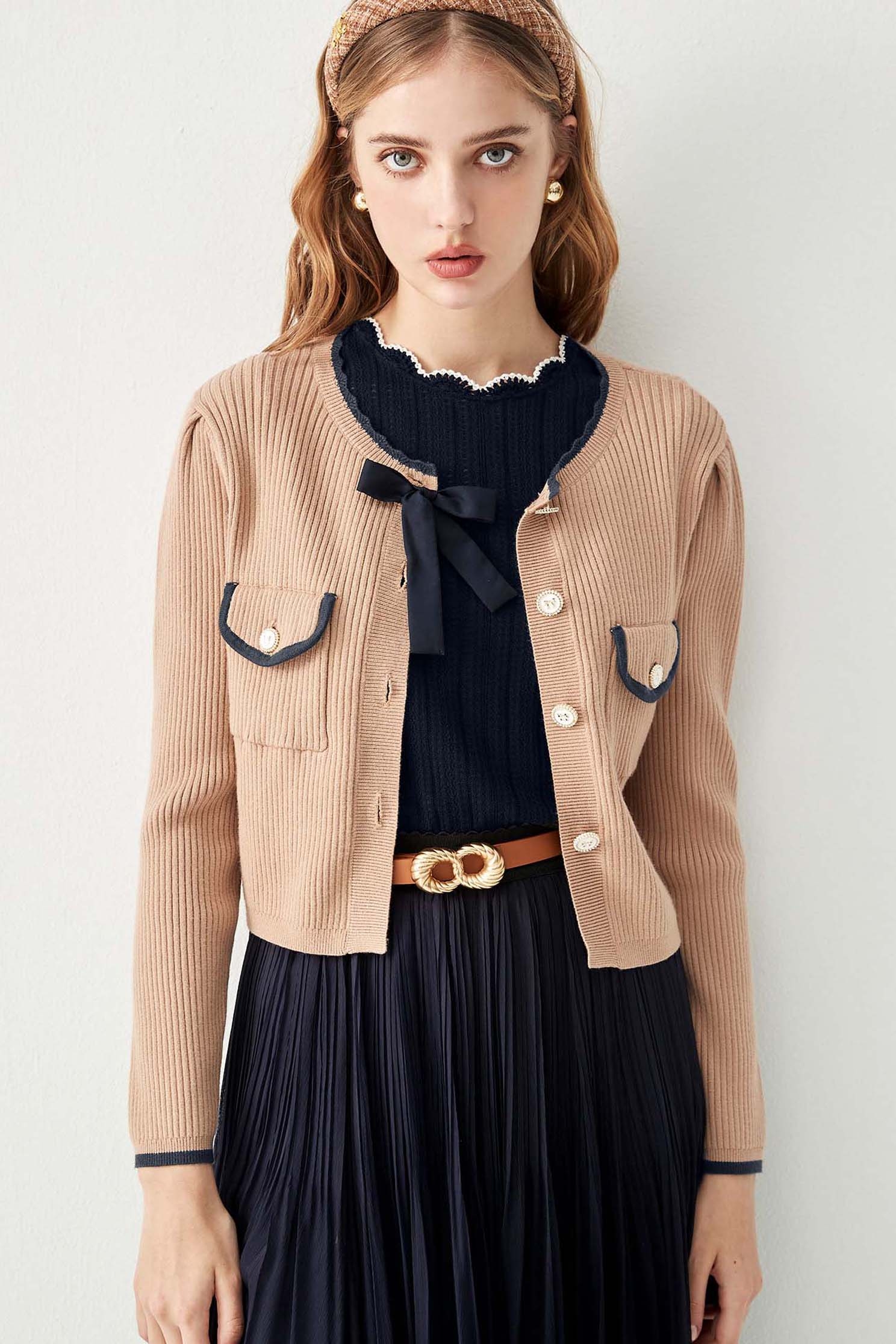 Button Front Knit Cardigan With Ribbon AccessoryButton Front Knit Cardigan With Ribbon Accessory,Outerwear,Season (AW) Look,Knitted,Knitted coats,Knitted tops