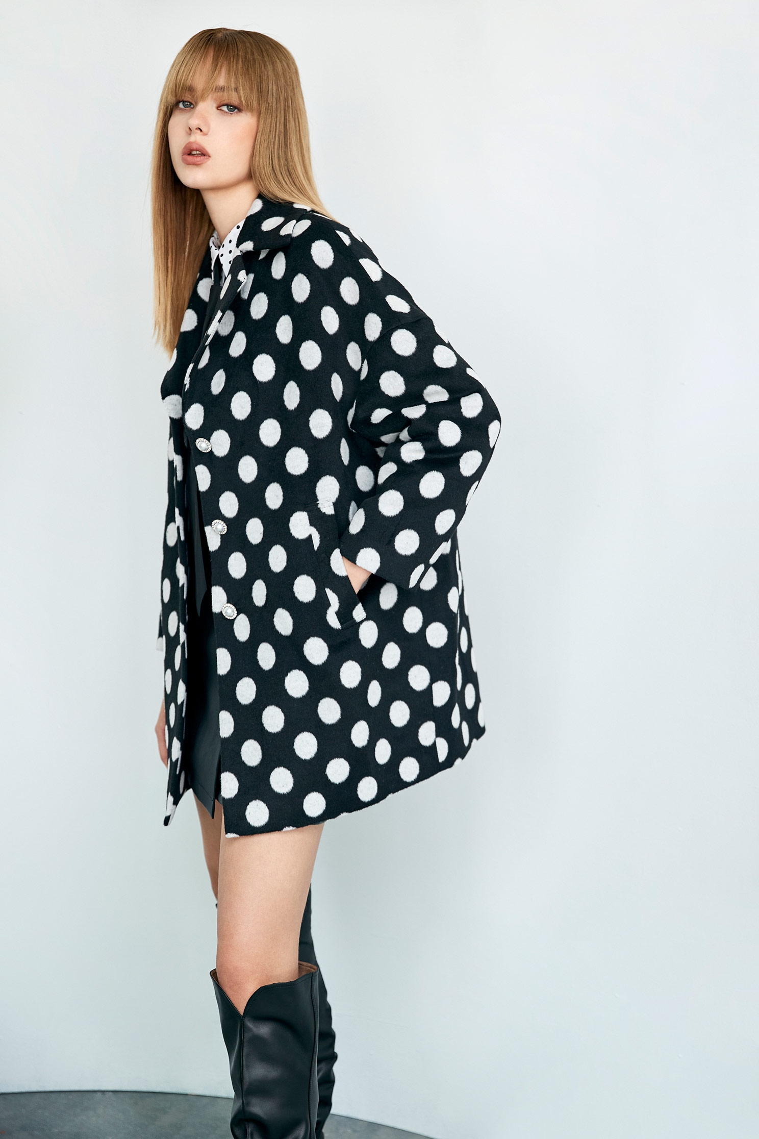 Oversize Polka Dot Mid Length JacketOversize Polka Dot Mid Length Jacket,Jackets,Outerwear,pearl,Season (AW) Look