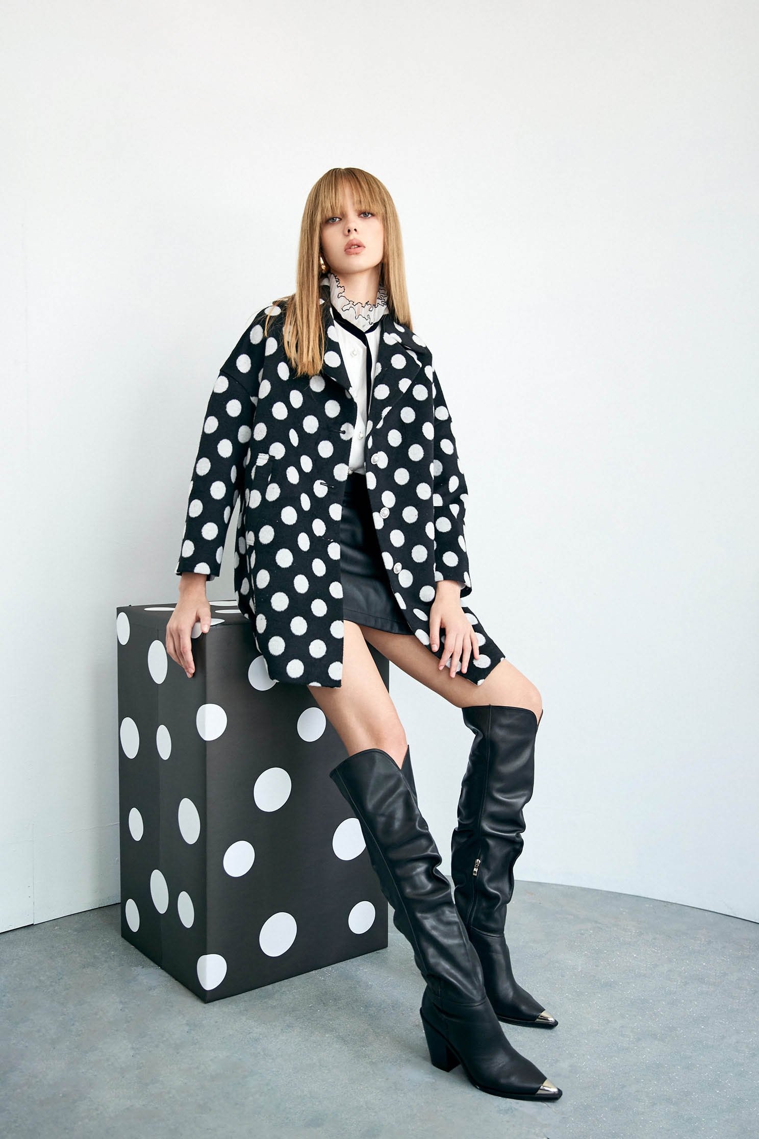 Oversize Polka Dot Mid Length JacketOversize Polka Dot Mid Length Jacket,Jackets,Outerwear,pearl,Season (AW) Look