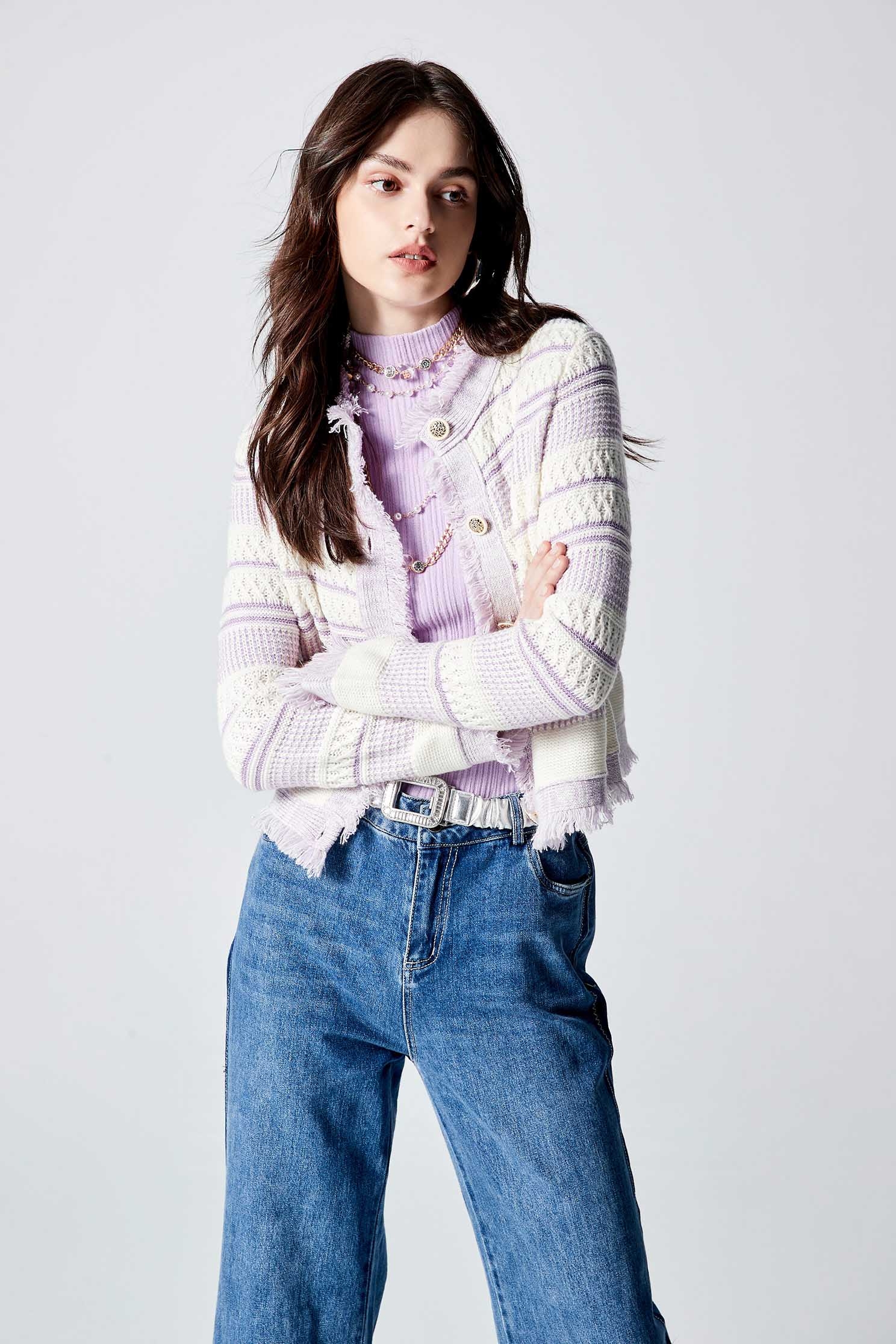 White With Purple Contrast Knit CardiganWhite With Purple Contrast Knit Cardigan,Outerwear,Season (AW) Look,Knitted,Knitted coats