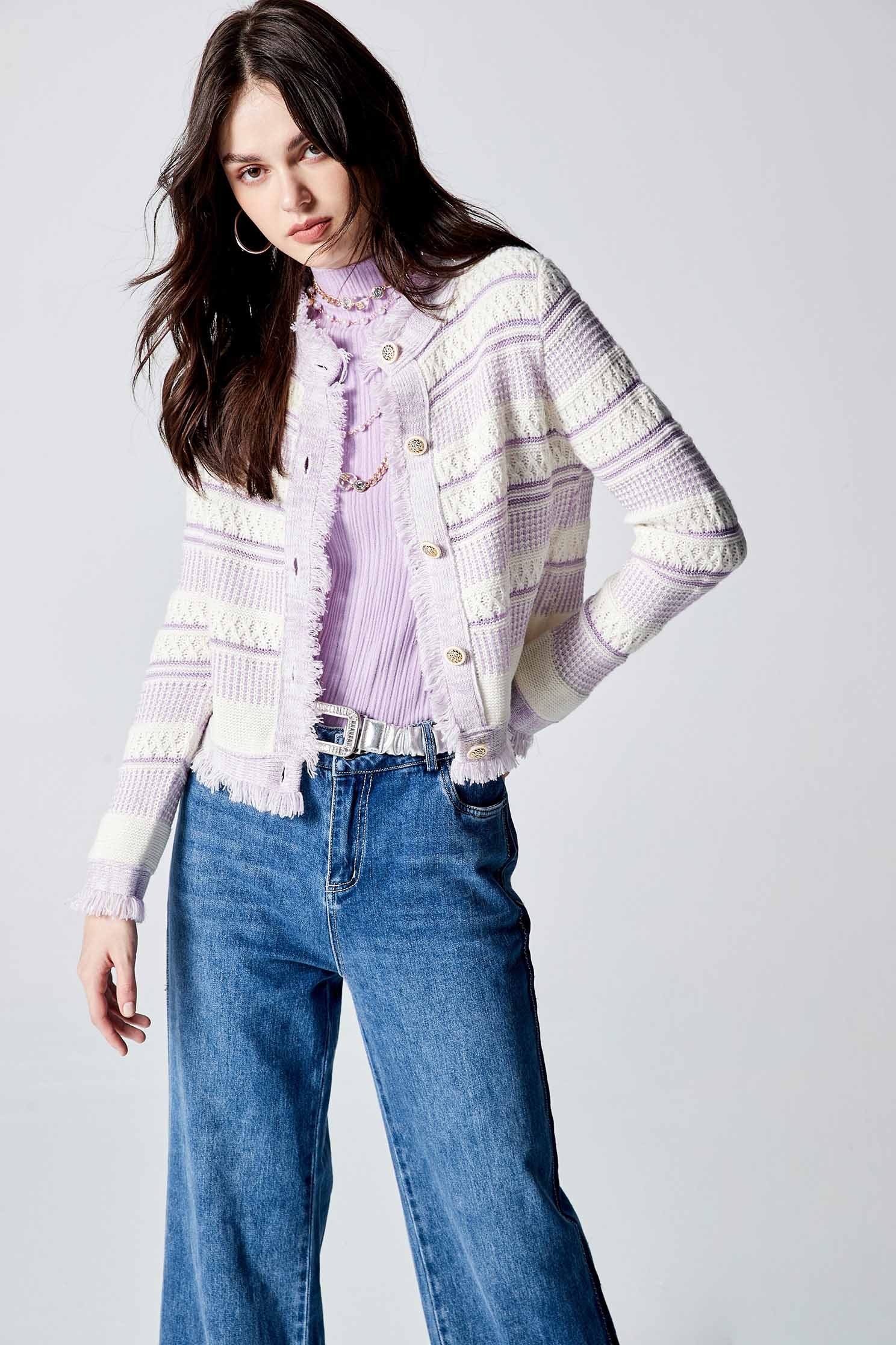 White With Purple Contrast Knit CardiganWhite With Purple Contrast Knit Cardigan,Outerwear,Season (AW) Look,Knitted,Knitted coats