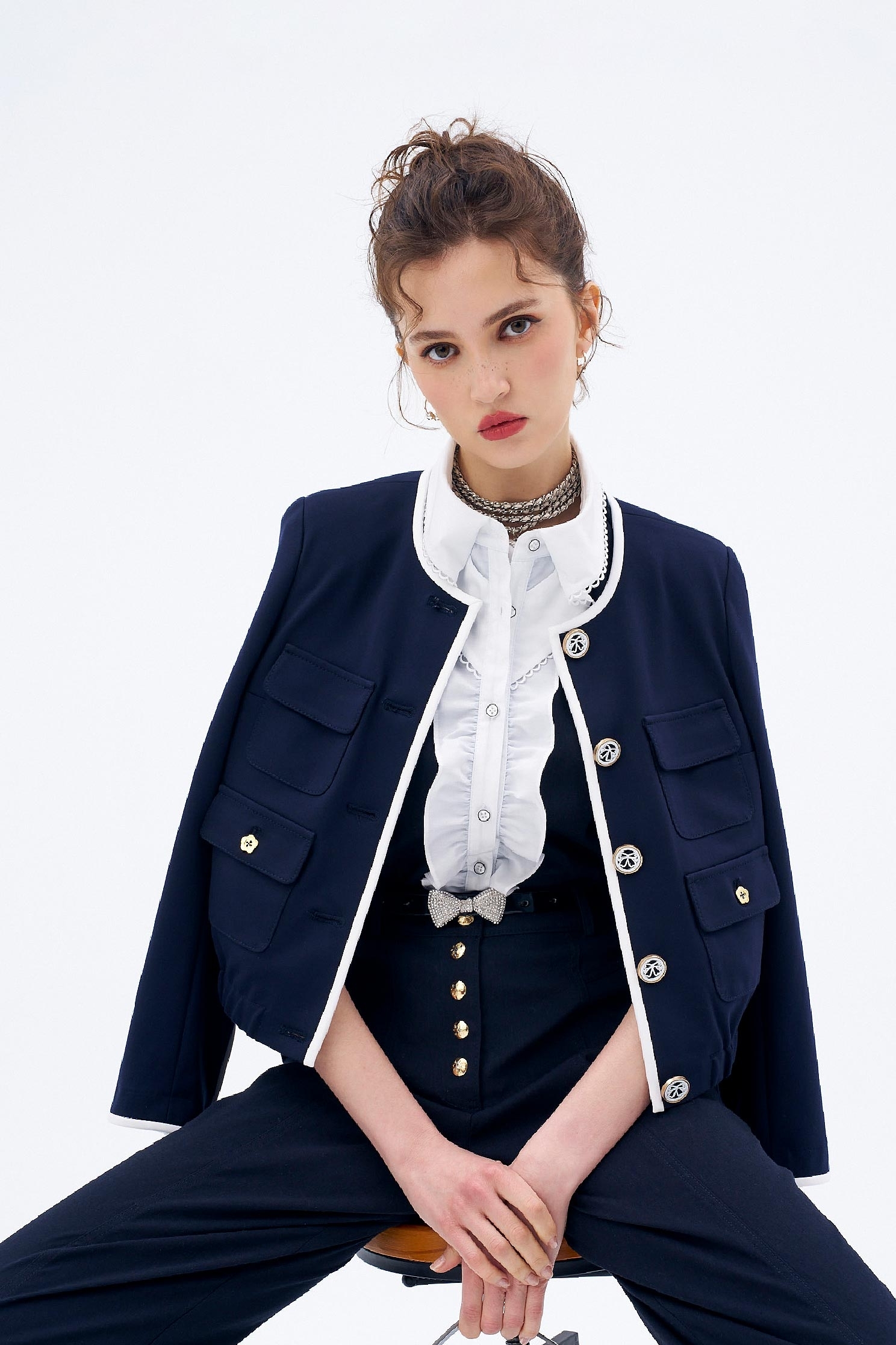 Navy Crop Jacket With Contrast Trim DetailNavy Crop Jacket With Contrast Trim Detail,Jackets,Outerwear,Season (AW) Look