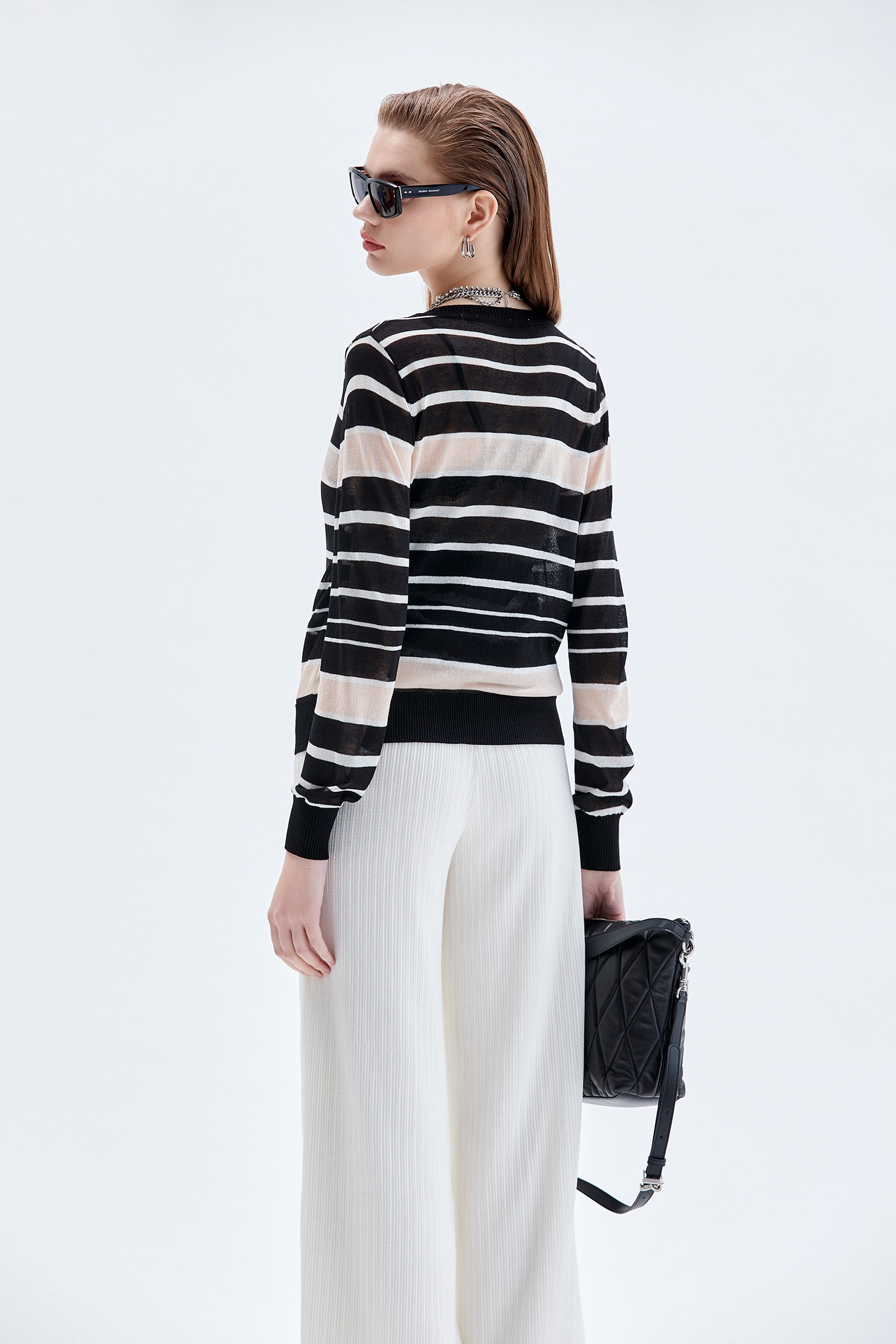 Button Front Stripe Knit Cardigan14G黑白珠貝色配條針織外罩,Season (AW) Look,Knitted,Knitted coats