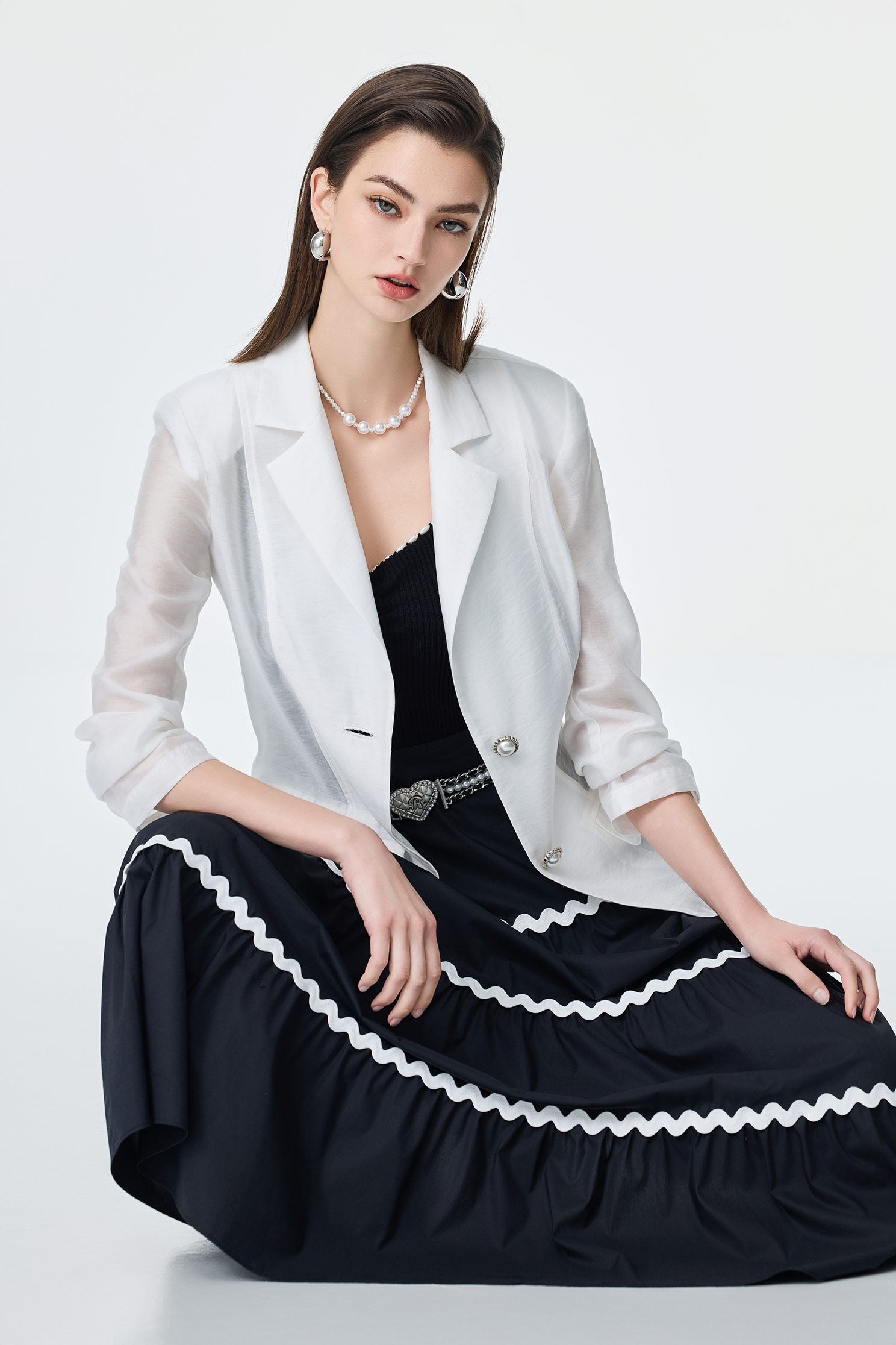 Mid Length Mix Fabric Blazer,Jackets,Office Looks,Season (SS) Look,co-ord sets