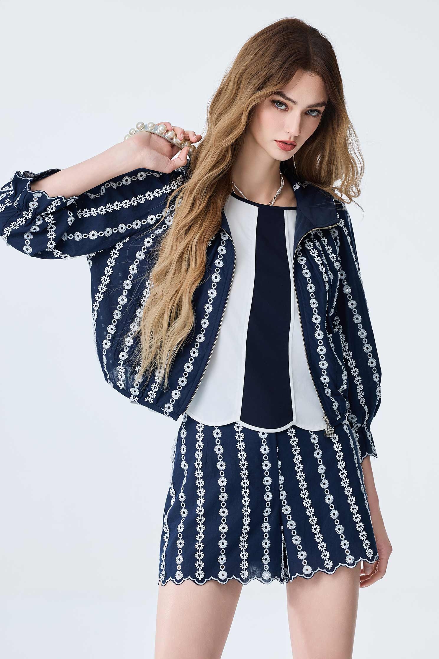 Navy Hoodie Jacket With Contrast Lace DetailNavy Hoodie Jacket With Contrast Lace Detail,Jackets,Embroidered,Outerwear,Season (SS) Look,Lace,Hoodie jackets