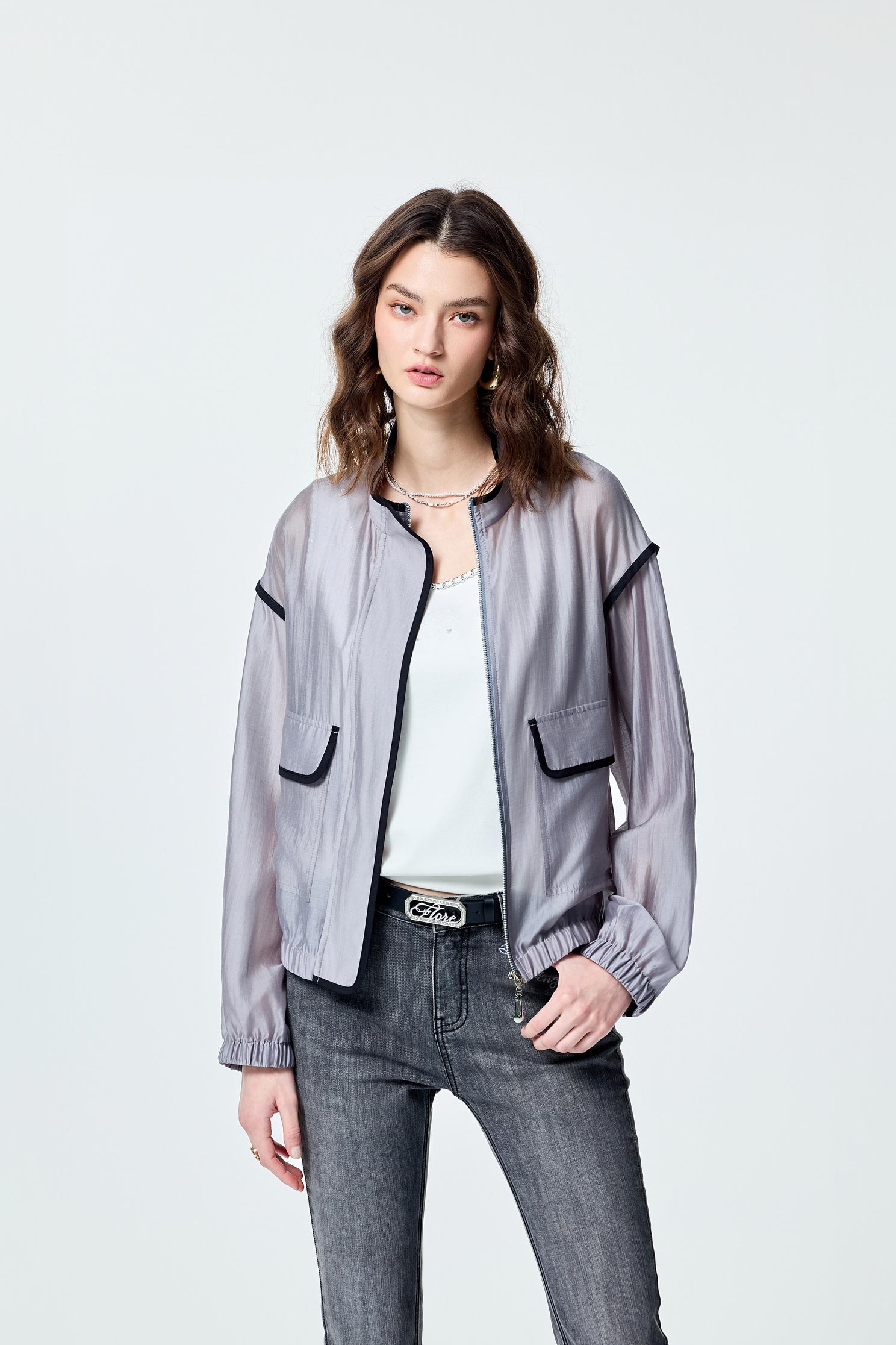 Contrast Trim Detail Grey Bomber JacketContrast Trim Detail Grey Bomber Jacket,Jackets,Outerwear,Season (SS) Look