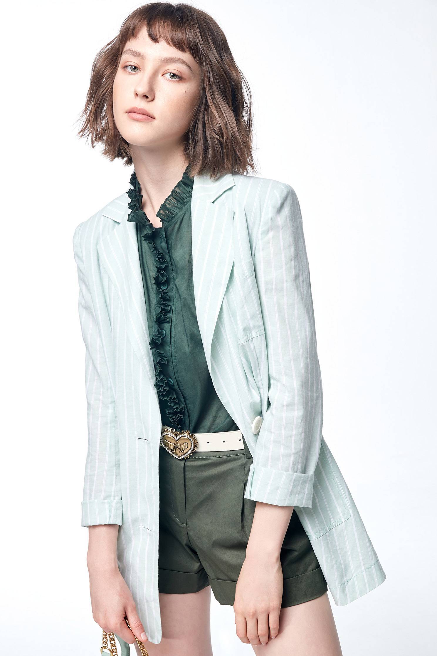 Stripe  Mid Length BlazerLight green suit jacket,Jackets,Outerwear,Season (SS) Look,Season (AW) Look,Blazers