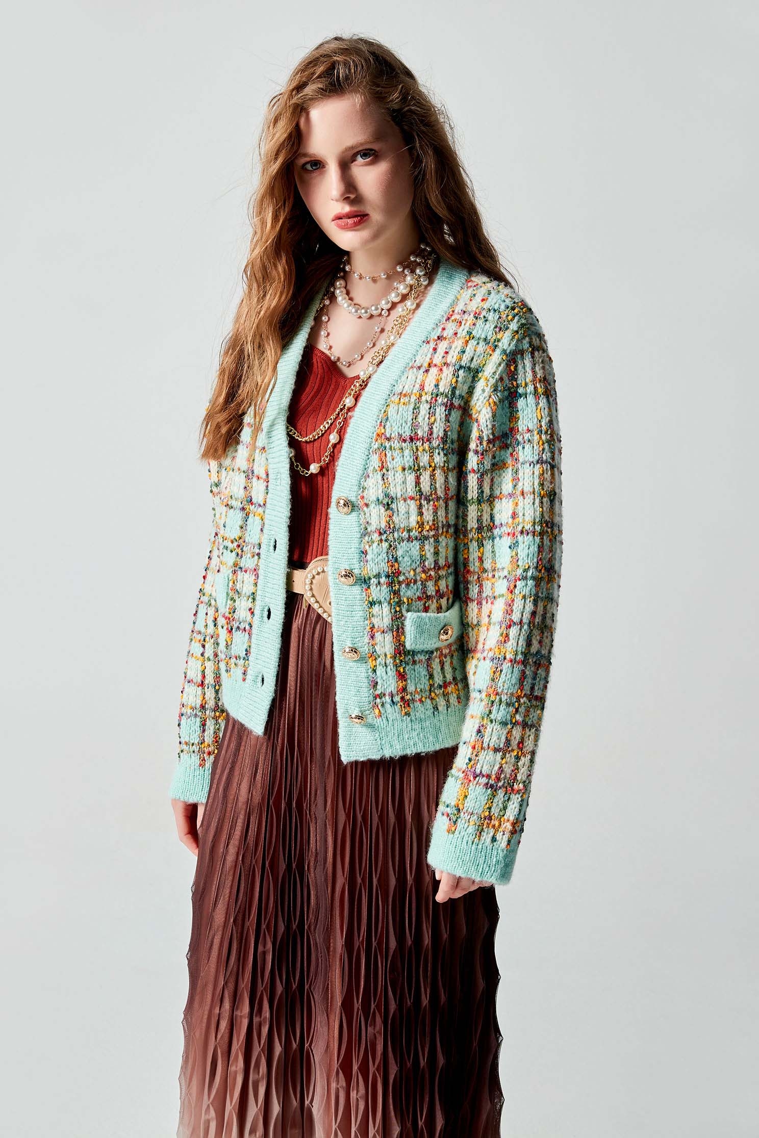 Oversize Tweed Knit CardiganOversize Tweed Knit Cardigan,Outerwear,Plaid,Season (AW) Look,Knitted,Knitted coats