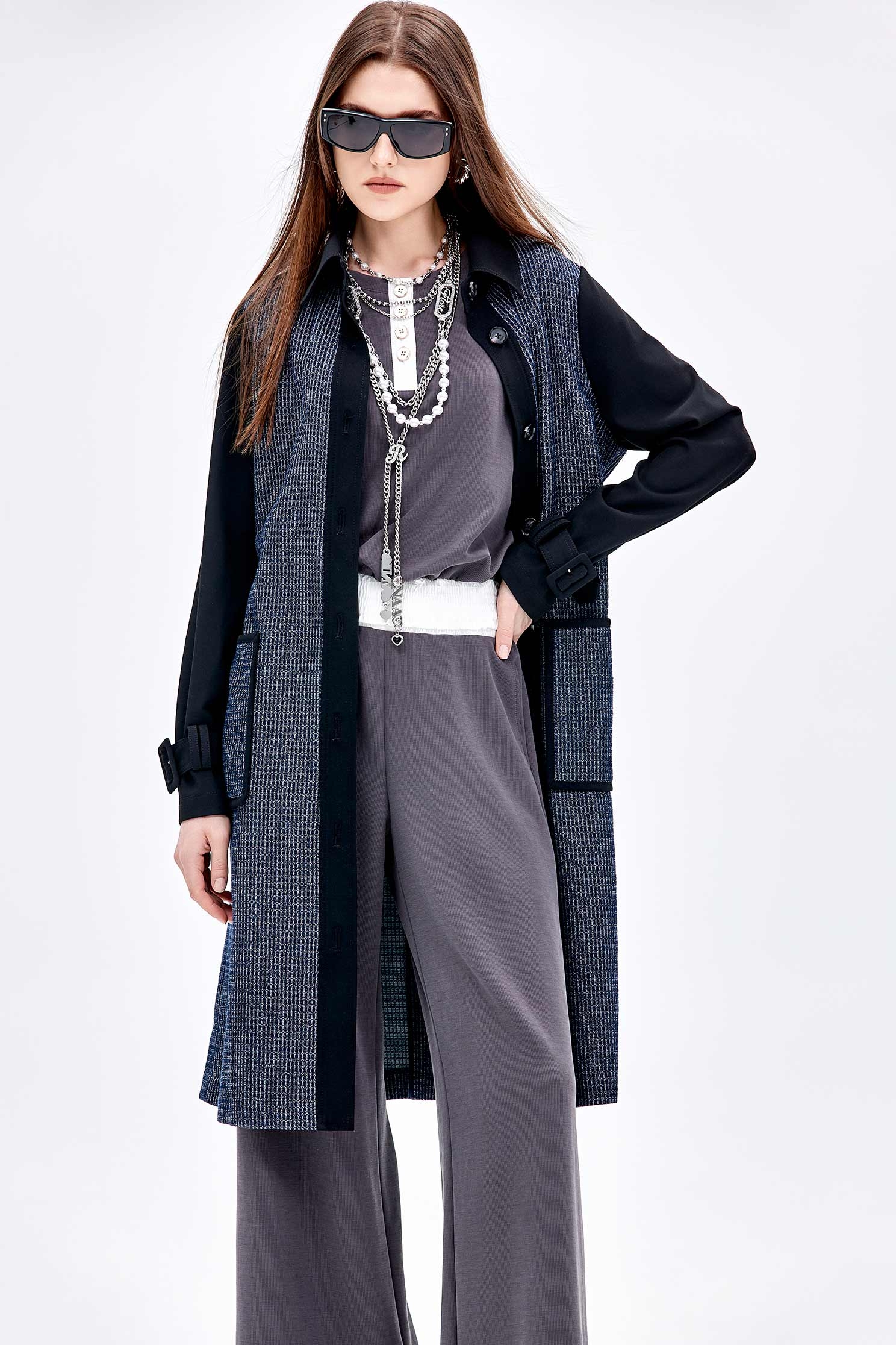 Contrast Detail Trench CoatContrast Detail Trench Coat,Outerwear,Plaid,Season (AW) Look,Belts,Trench coats