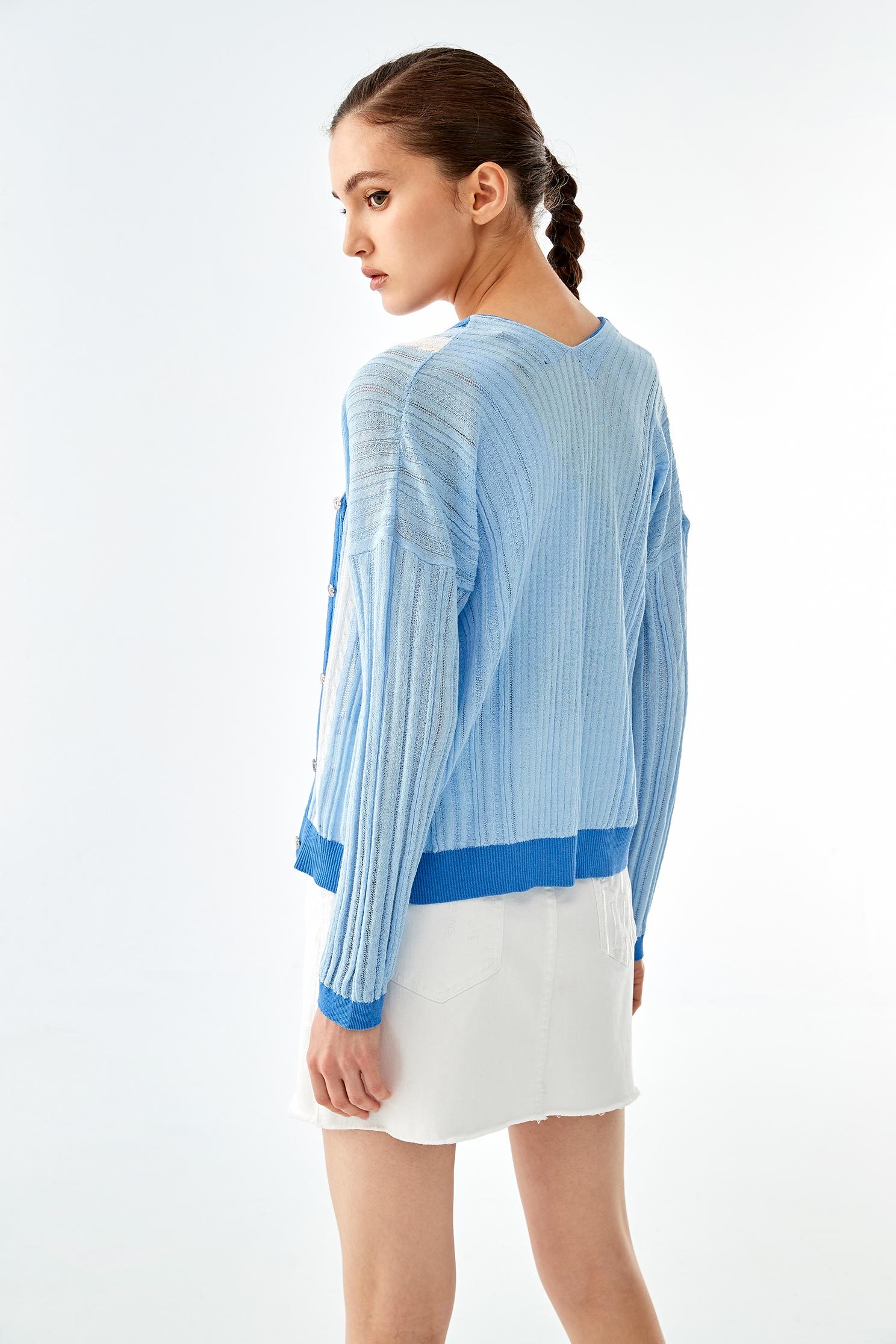 Crop Blue Summer Knit CardiganContrast knit cardigan,V-Neck T shirts,Outerwear,Season (SS) Look,healing colors,upperclass,Knitted,Knitted coats