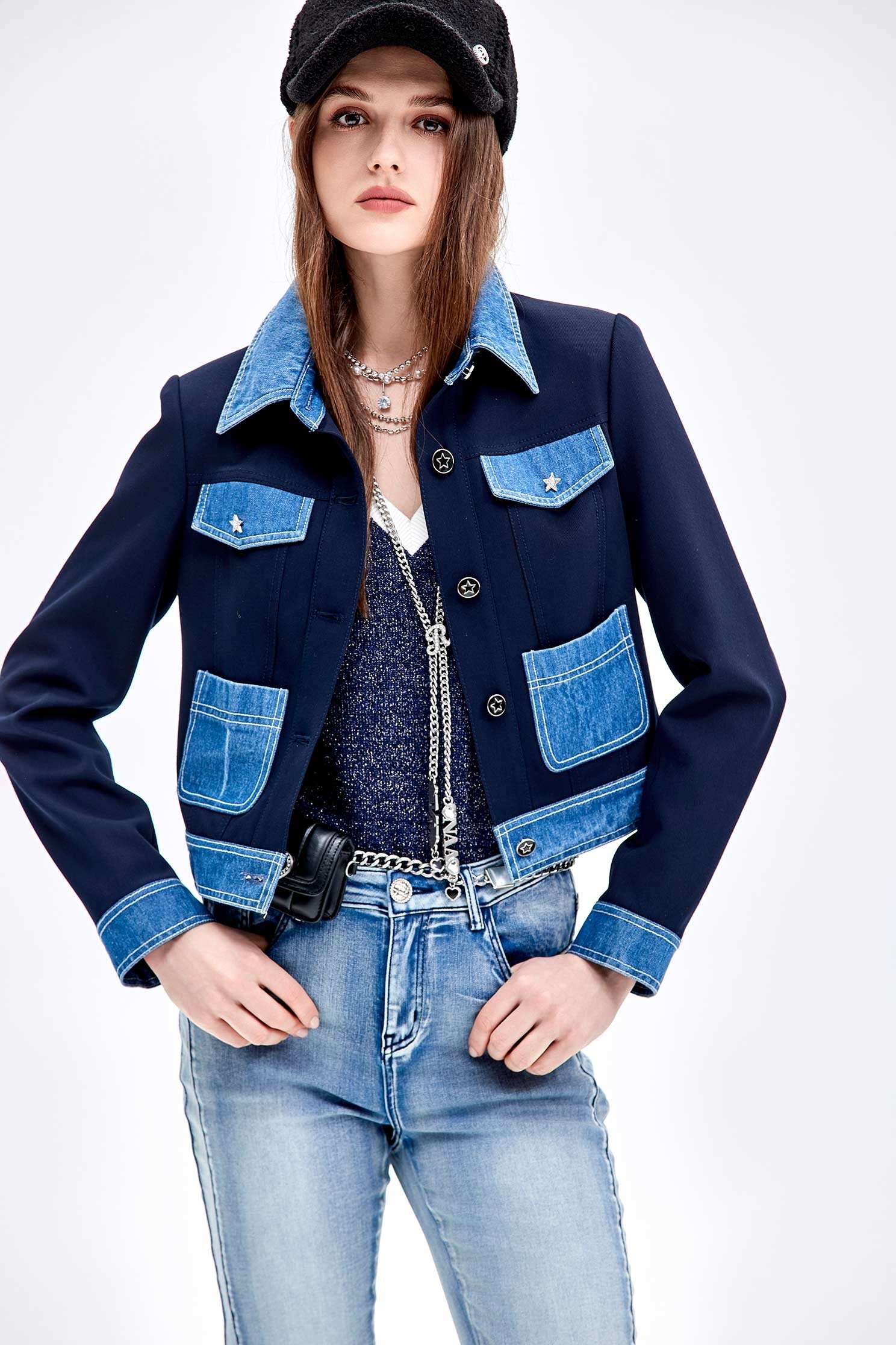 Contrast Denim Crop JacketContrast Denim Crop Jacket,Jackets,Outerwear,Denim,Season (AW) Look