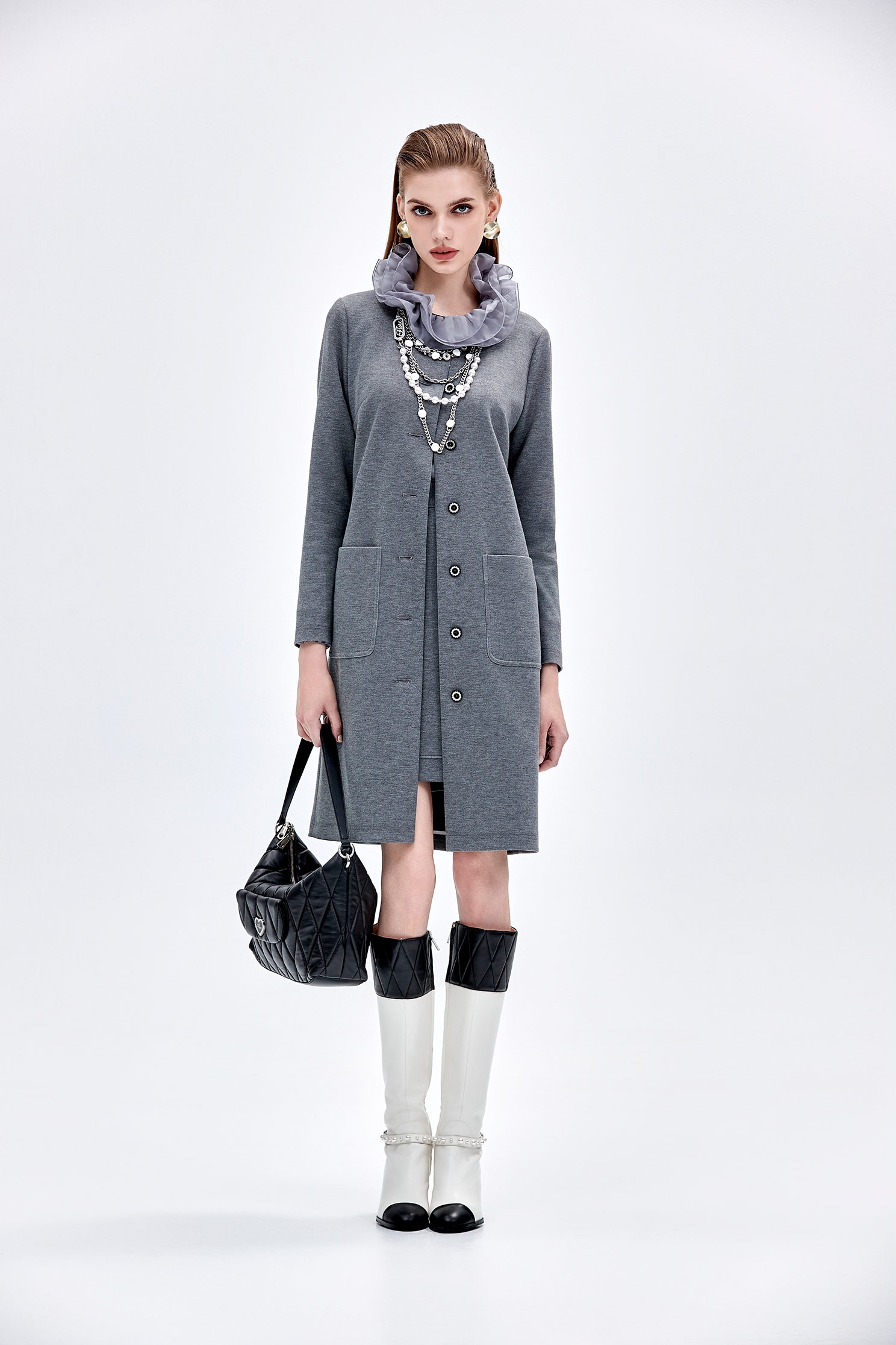 Round Neck Grey Trench CoatRound Neck Grey Trench Coat,Jackets,Outerwear,Season (AW) Look,longcoats