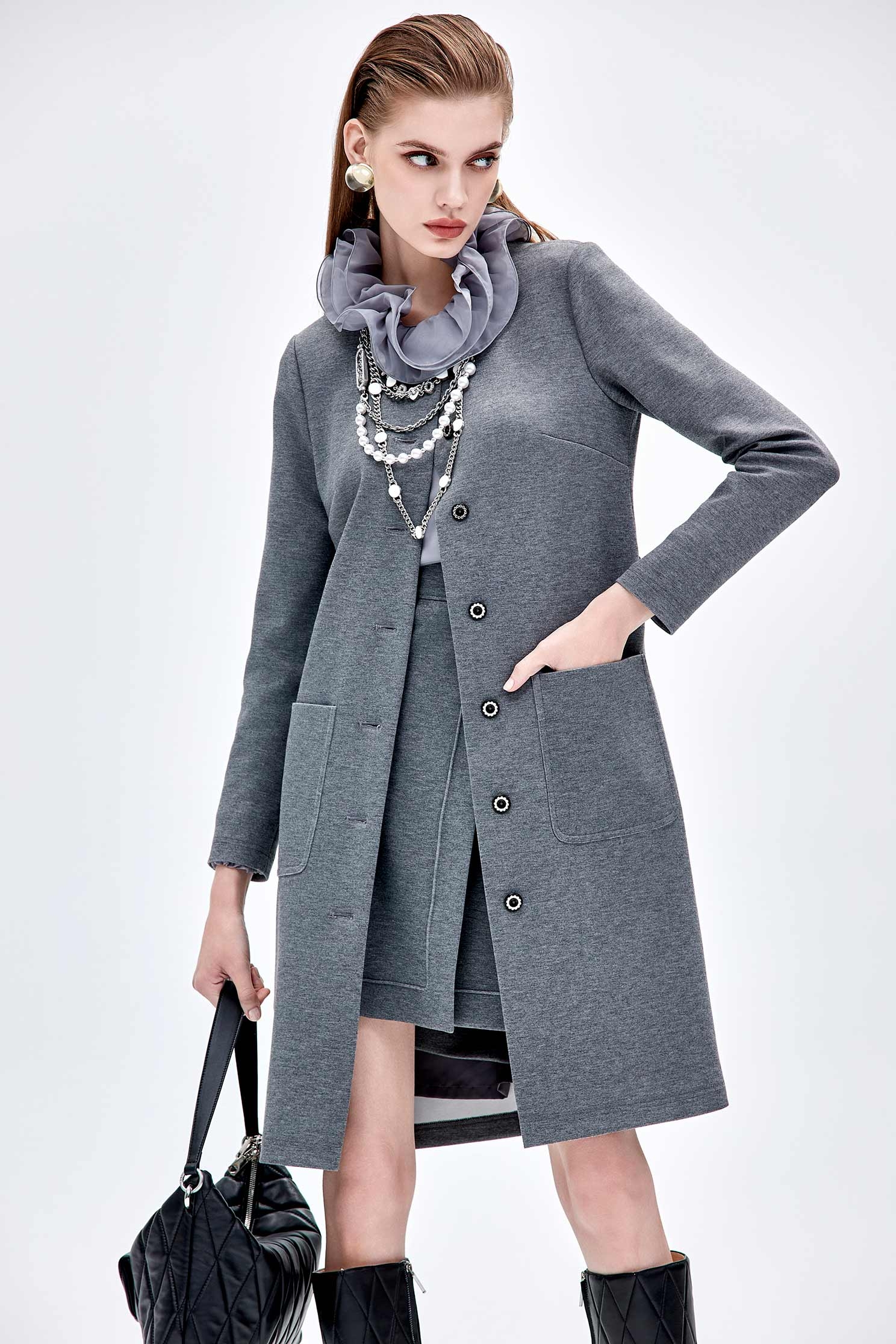 Round Neck Grey Trench CoatRound Neck Grey Trench Coat,Jackets,Outerwear,Season (AW) Look,longcoats