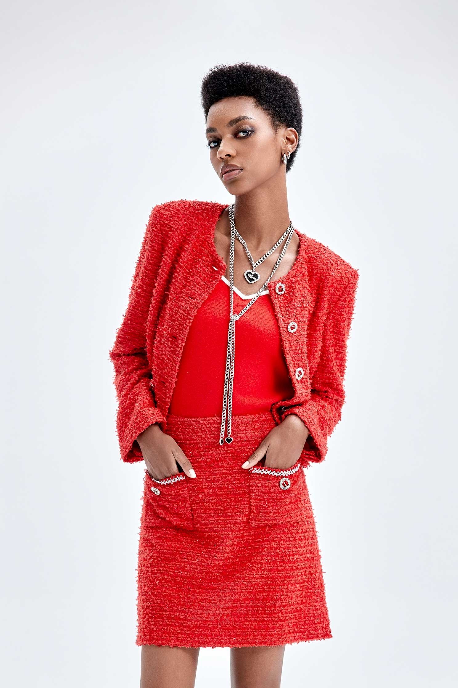 Red Tweed Crop JacketRed Tweed Crop Jacket,Jackets,Outerwear,Season (AW) Look