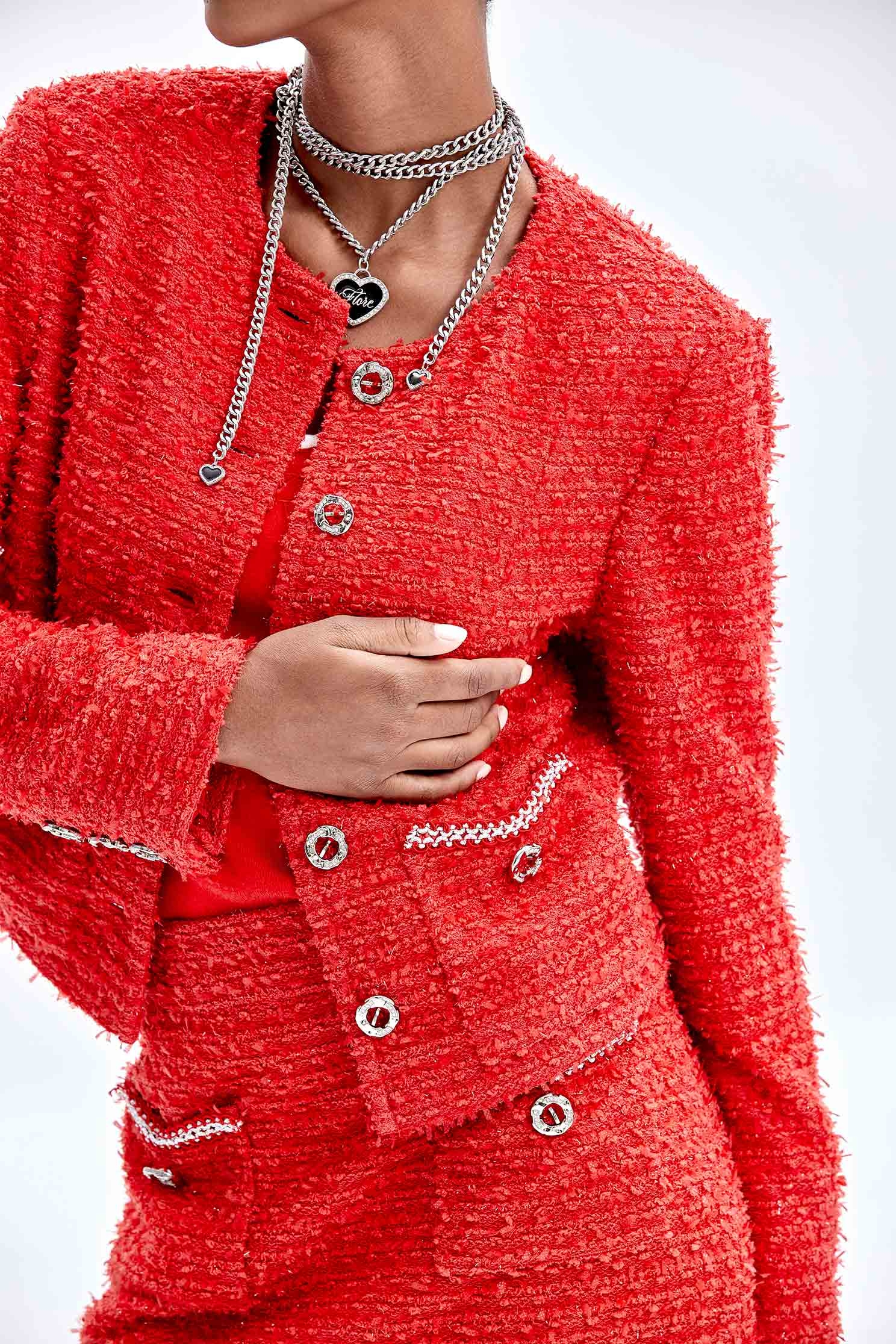 Red Tweed Crop JacketRed Tweed Crop Jacket,Jackets,Outerwear,Season (AW) Look