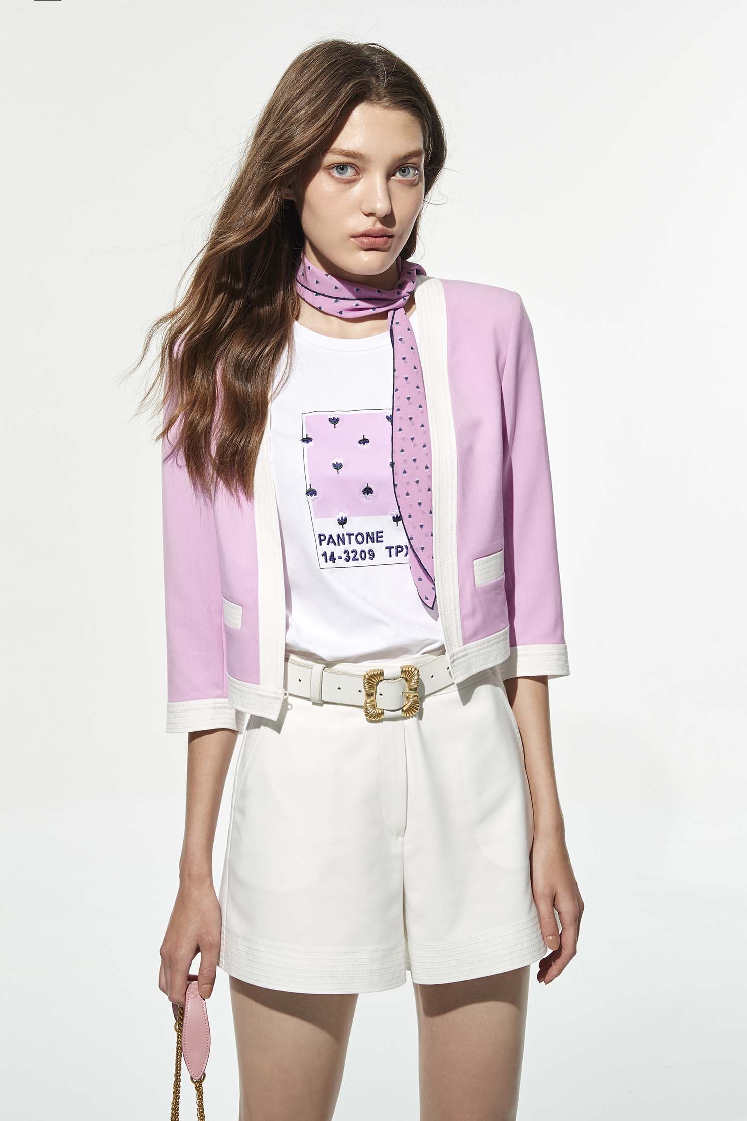 Pink Crop Jacket With Contrast White TrimSeamed powder purple jacket,Jackets,Outerwear,Season (SS) Look,Valentine