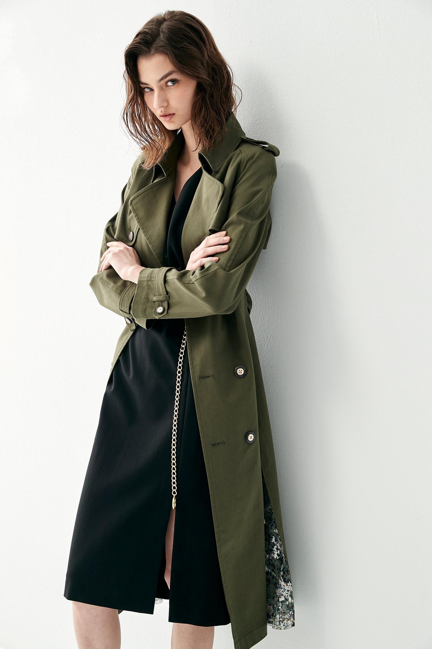 Olive Green Long Trench CoatClassic copper green trench coat,bestselling,Queen,Season (SS) Look,Mesh fabric,Trench coats