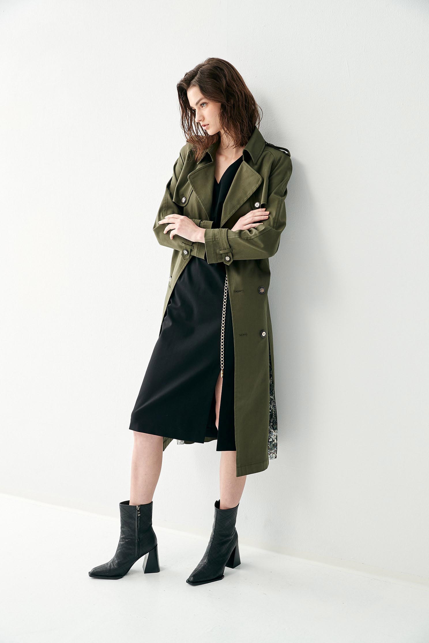 Olive Green Long Trench CoatClassic copper green trench coat,bestselling,Queen,Season (SS) Look,Mesh fabric,Trench coats