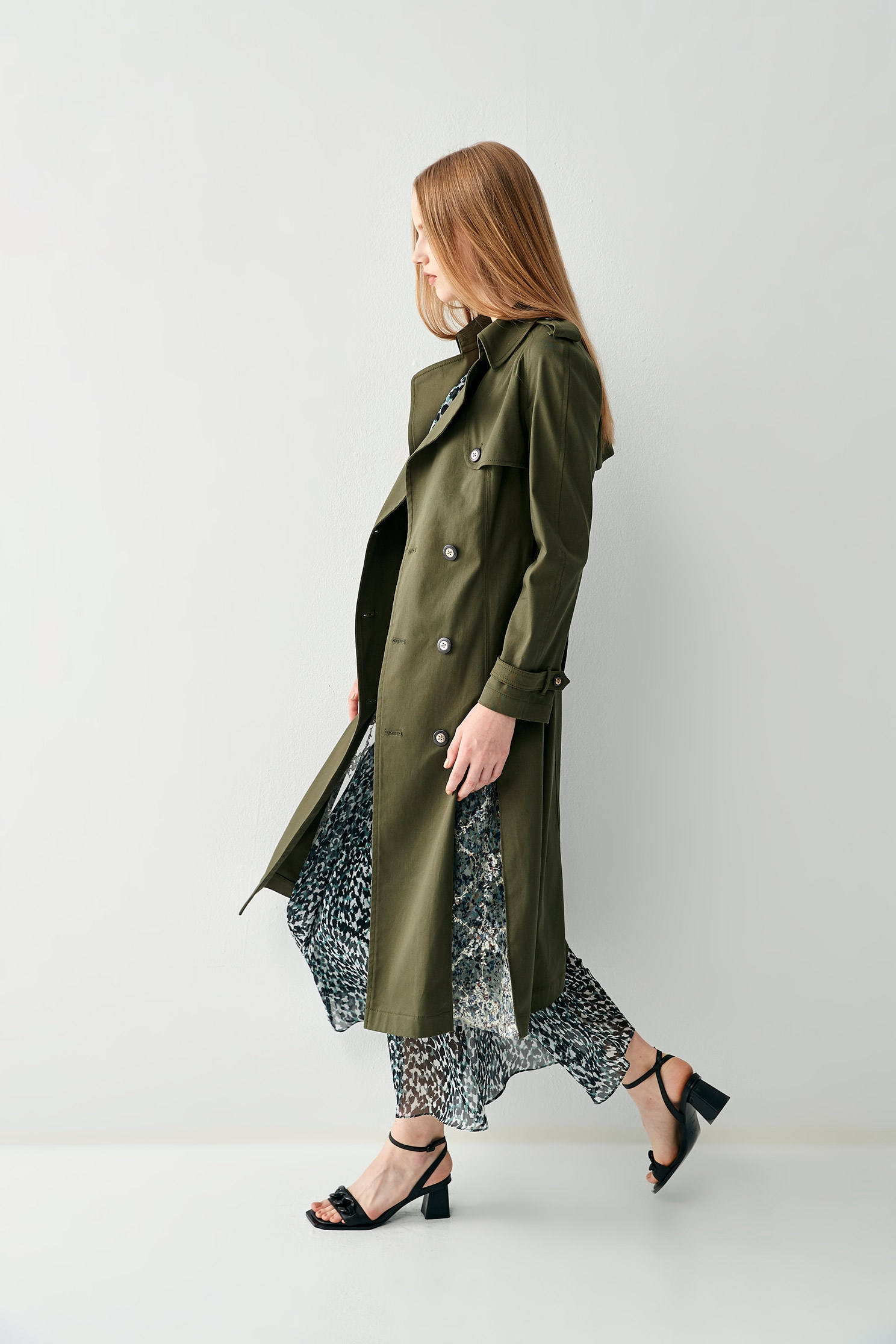 Olive Green Long Trench CoatClassic copper green trench coat,bestselling,Queen,Season (SS) Look,Mesh fabric,Trench coats