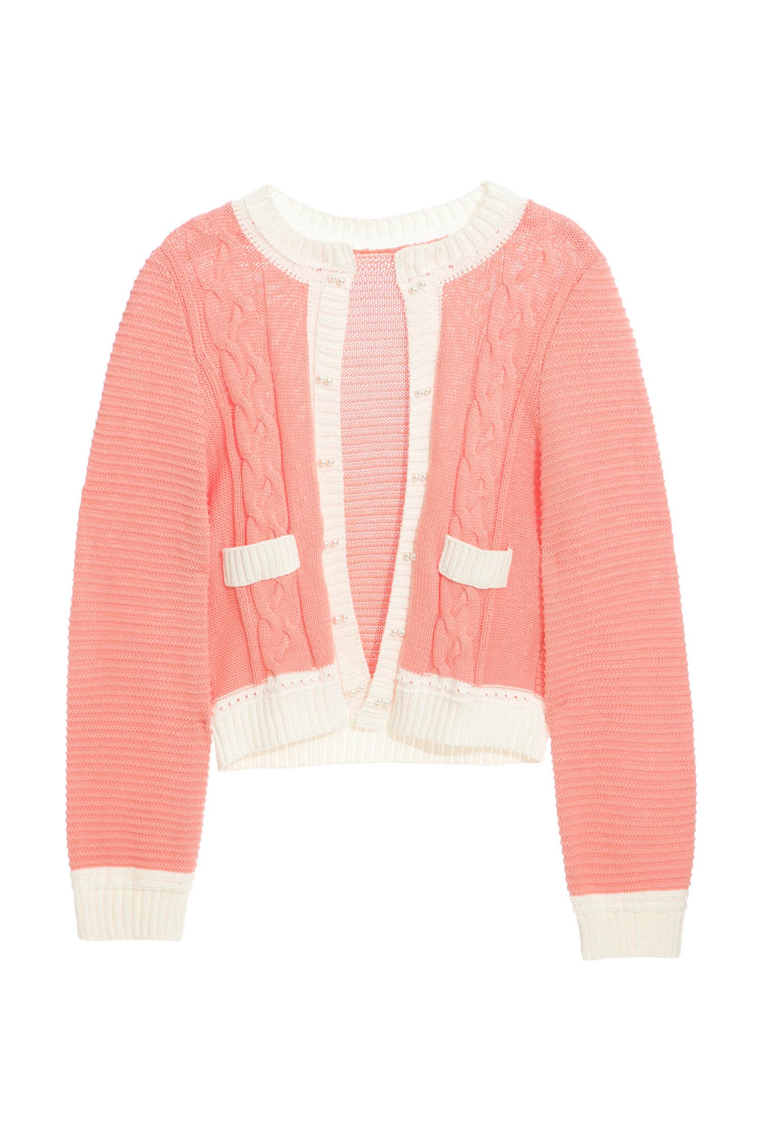 Pink Contrast Knit CardiganChic peach color knit coat,Outerwear,Season (SS) Look,pearl,Cotton,upperclass,Knitted,Knitted coats