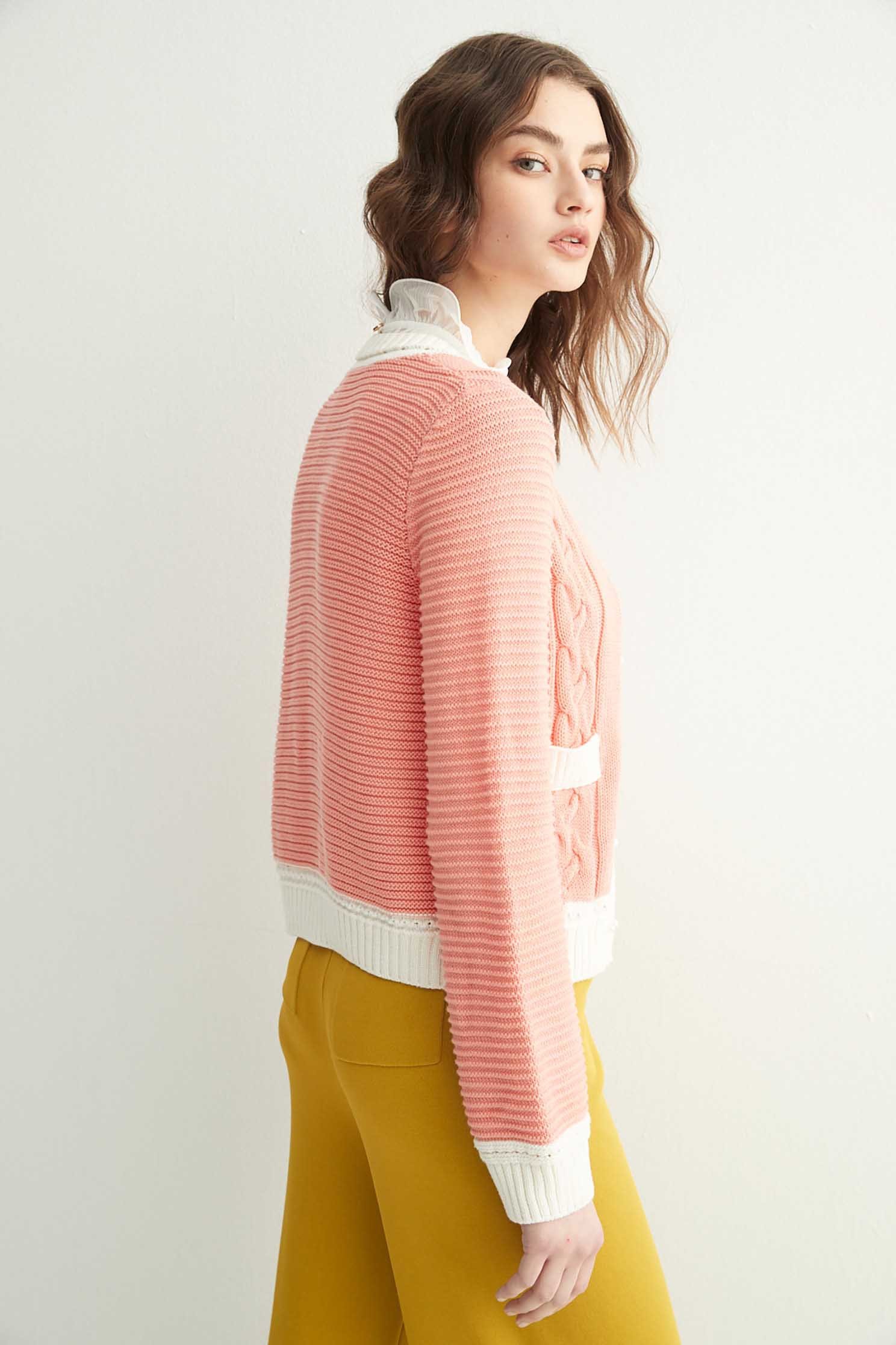 Pink Contrast Knit CardiganChic peach color knit coat,Outerwear,Season (SS) Look,pearl,Cotton,upperclass,Knitted,Knitted coats