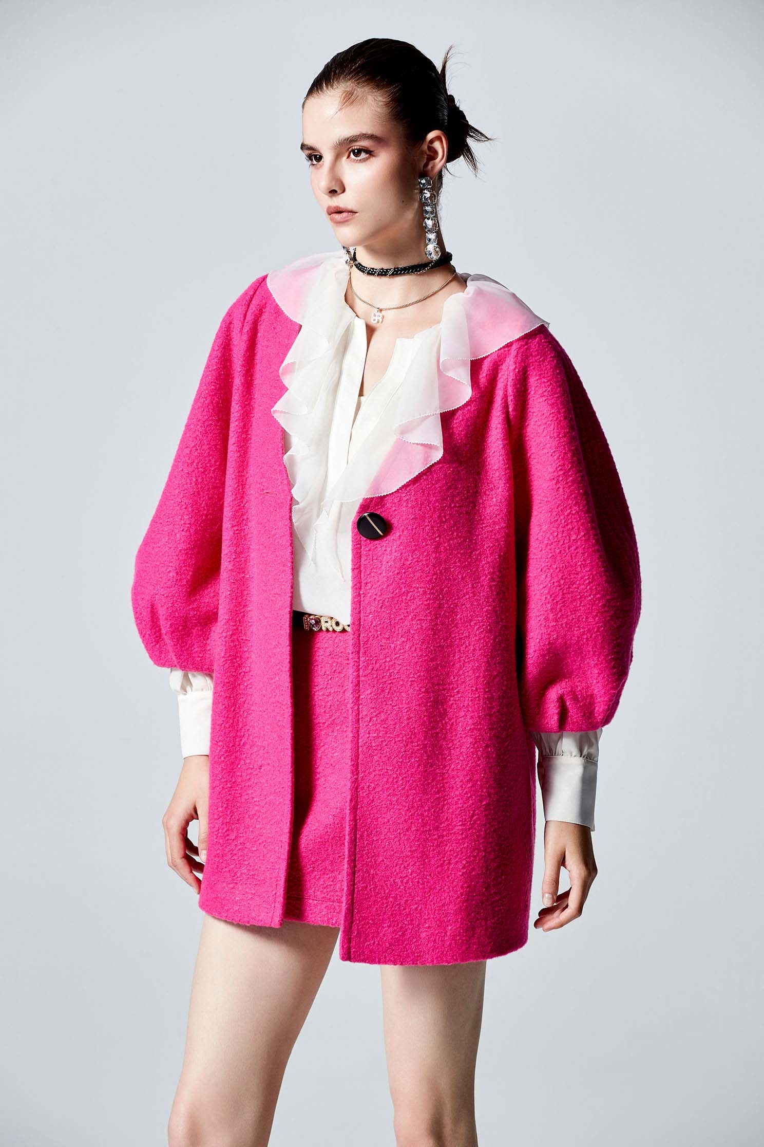 Pink Puff Sleeve Mid Length JacketPink Puff Sleeve Mid Length Jacket,Outerwear,Season (SS) Look