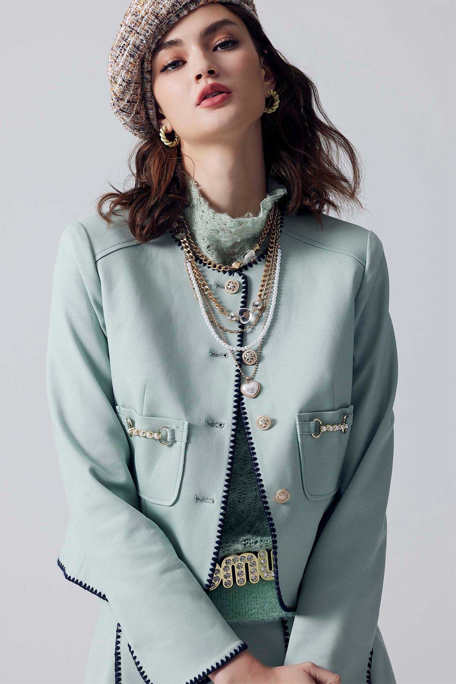 Long sleeve Green Jacket  With Contrast Trim DetailLong sleeve Green Jacket  With Contrast Trim Detail,Jackets,Embroidered,Outerwear,Season (SS) Look,pearl