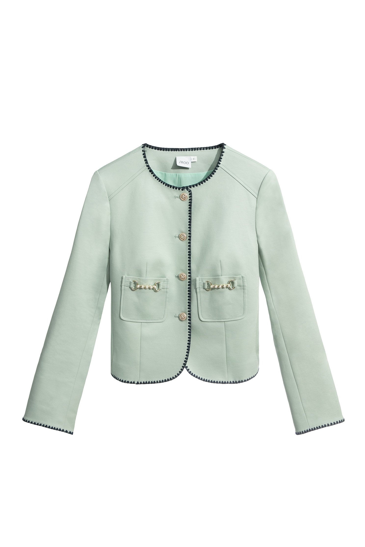 Long sleeve Green Jacket  With Contrast Trim DetailLong sleeve Green Jacket  With Contrast Trim Detail,Jackets,Embroidered,Outerwear,Season (SS) Look,pearl