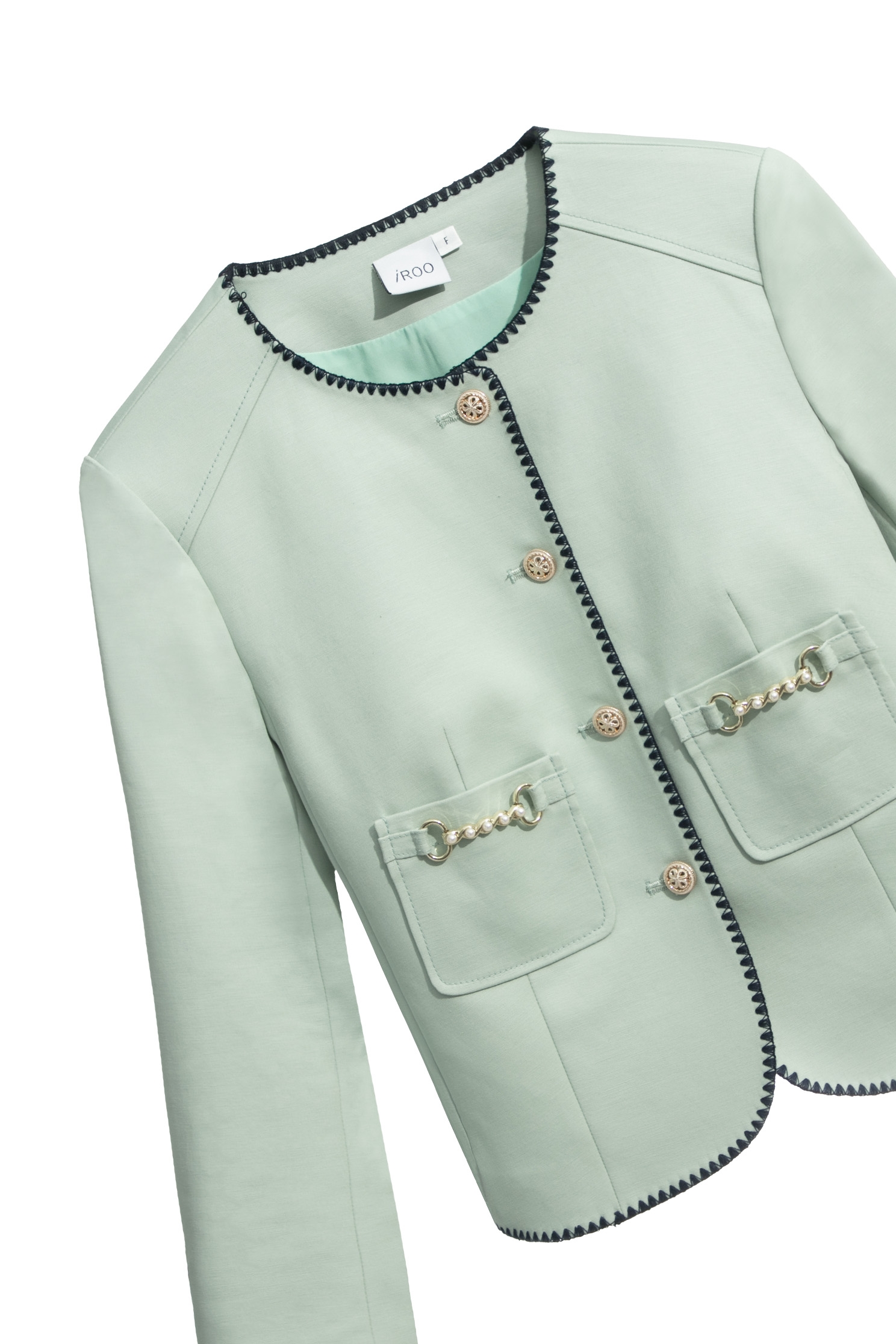 Long sleeve Green Jacket  With Contrast Trim DetailLong sleeve Green Jacket  With Contrast Trim Detail,Jackets,Embroidered,Outerwear,Season (SS) Look,pearl